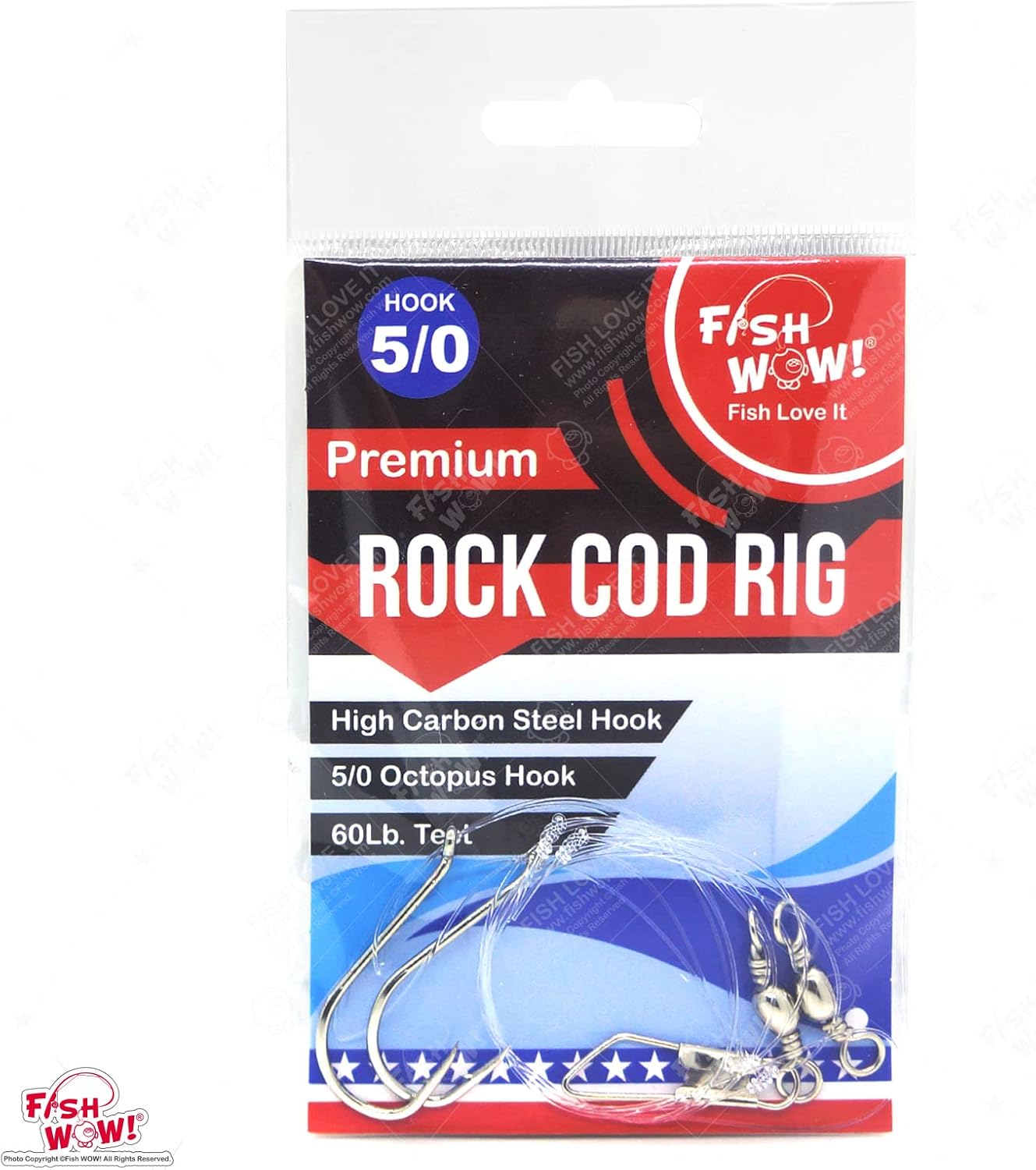 10pks Fish WOW!® Size 5/0 Hook Rock Cod Rig Striper High-Low Clam Rig Two Drops Fishing Rig