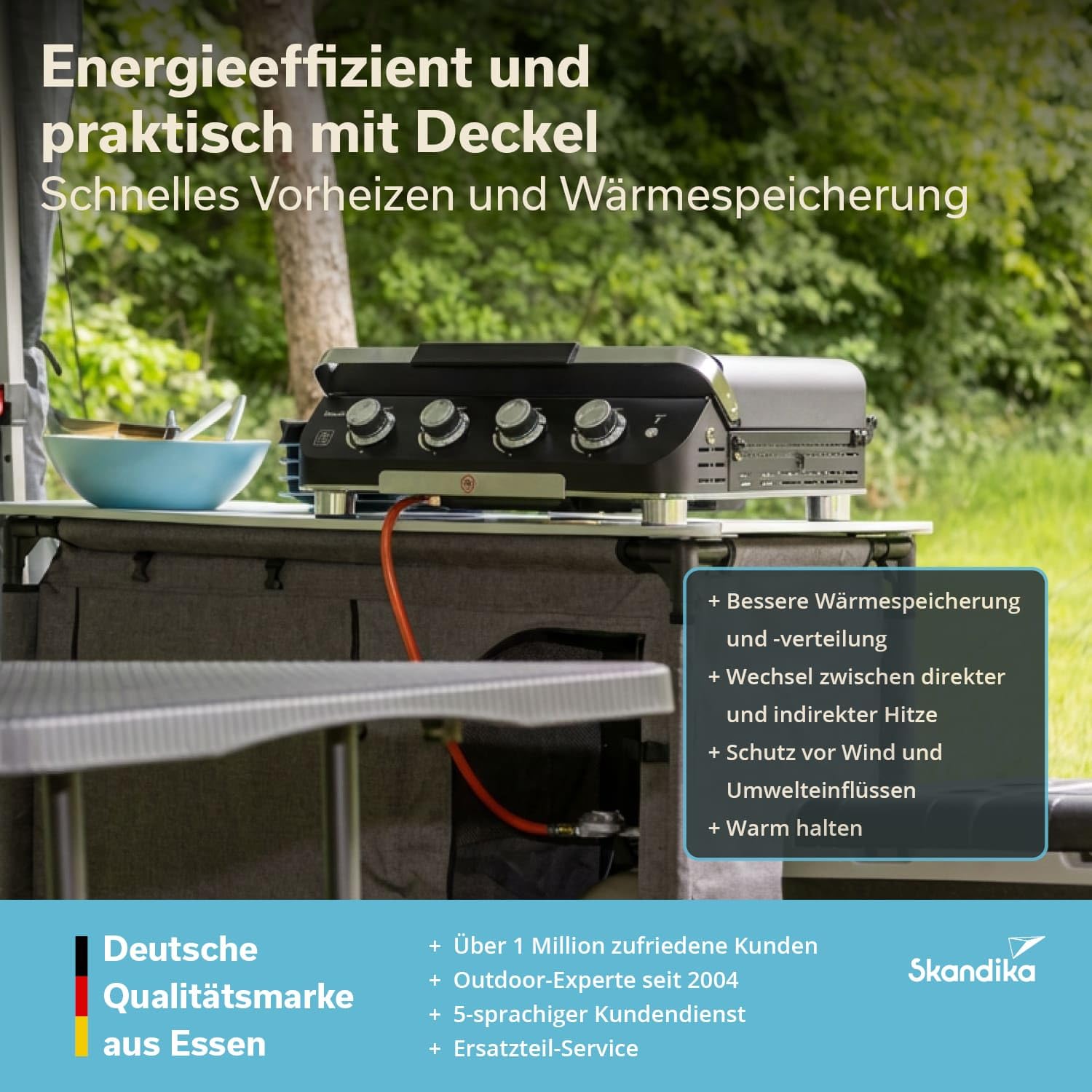 Skandika Plancha à gaz Palo | Plaque de cuisson à 3 ou 4 brûleurs, égouttoir, barbecue à gaz transportable avec plaque plancha | Camping, bbq de table, jardin (4 brûleurs avec couvercle)