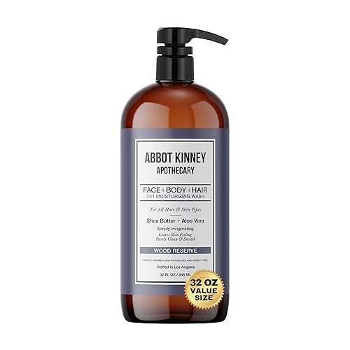 ABBOT KINNEY APOTHECARY Jabón corporal hidratante 3 en 1 para hombre, champú, acondicionador y gel de baño para hombres, con infusión de manteca de