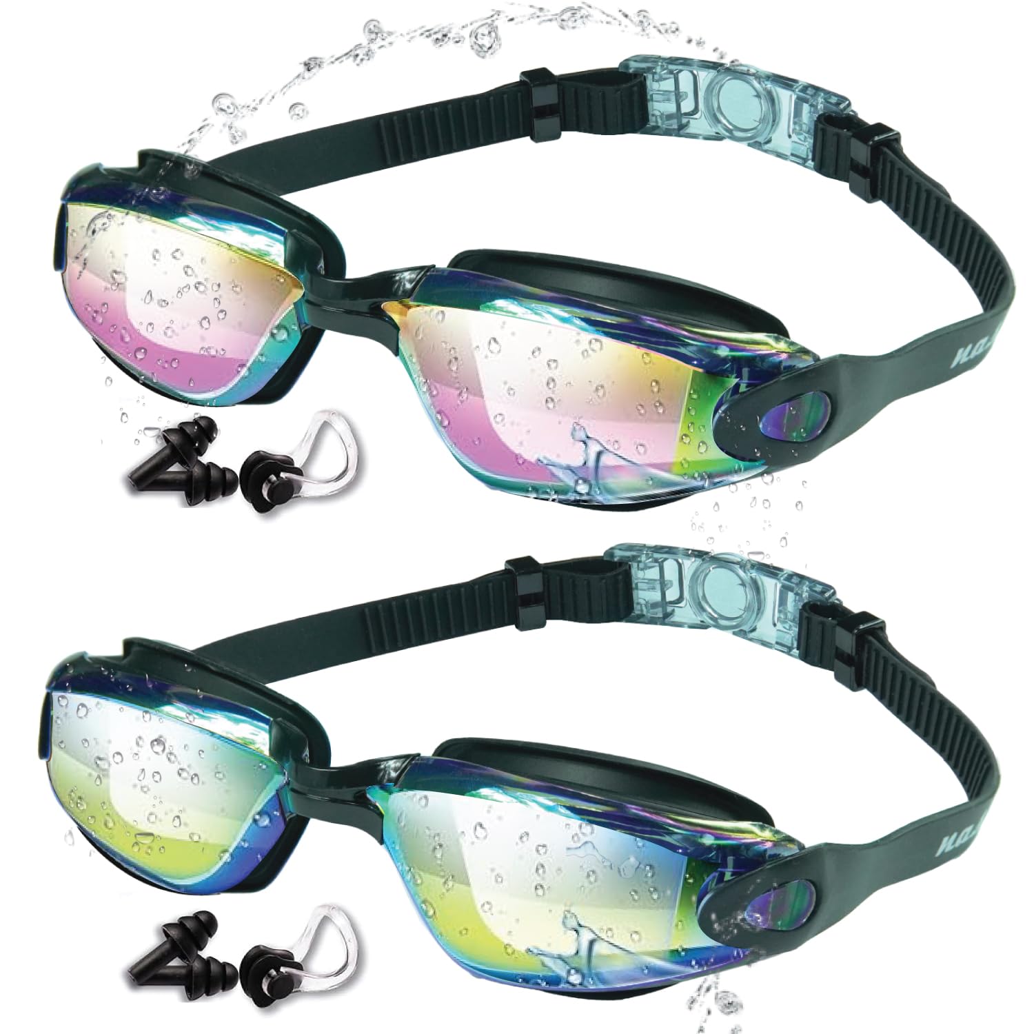 Swimming Goggles, Adjustable 2 Pack Swim Goggles for Adults Men Women & 8+ Age Kids Swimming Goggles with Nose Clip & Earplugs, Anti-Fog Clear Vision UV Resist Mirrored Lens Non-Leaking Goggles