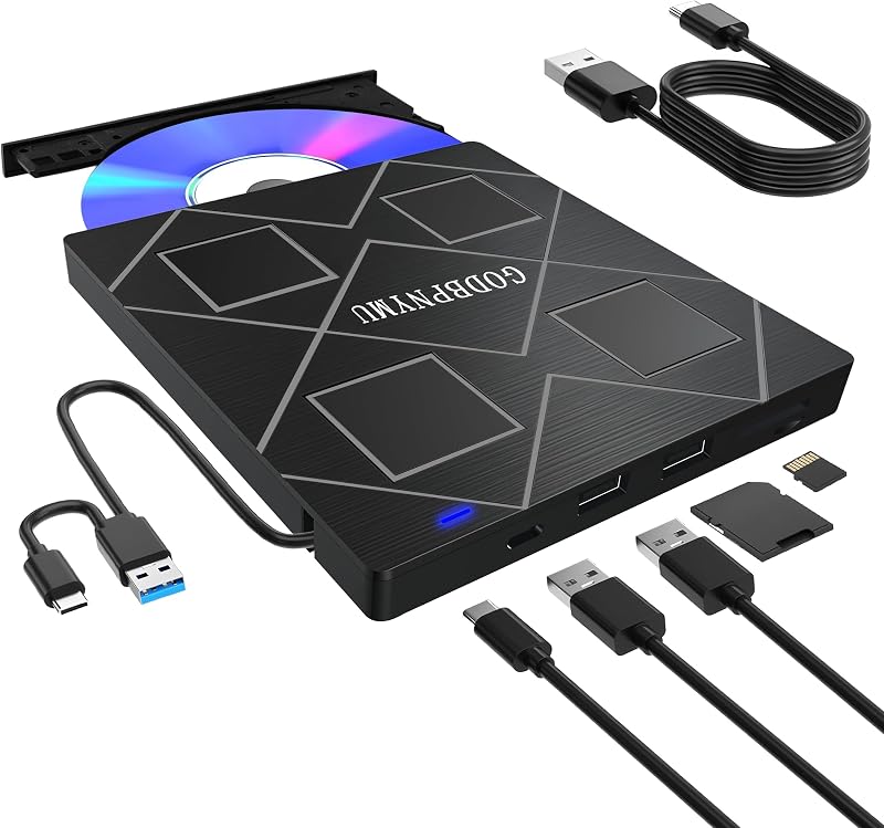 Unidad de CD/DVD externa 5 en 1 para computadora portátil, grabadora de CD/DVD Rw portátil USB 3.0 y tipo C con lector de tarjetas SD/TF y reproductor regrabable de DVD-ROM, compatible con computadora portátil de escritorio, Windows 11/10/8/7 Linux Mac OS