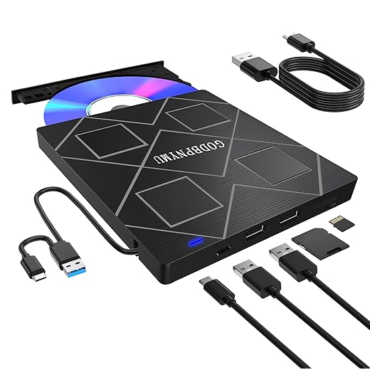 5-in-1 Extemal CD/DVD Drive for Laptop,USB 3.0 & Type-C Portable CD/DvD Rw Burner with SD/TF Card Reader &DVD-ROM Rewritable Player，Compatible with Laptop Pc Desktop, Windows11/10/8/7 Linux Mac os