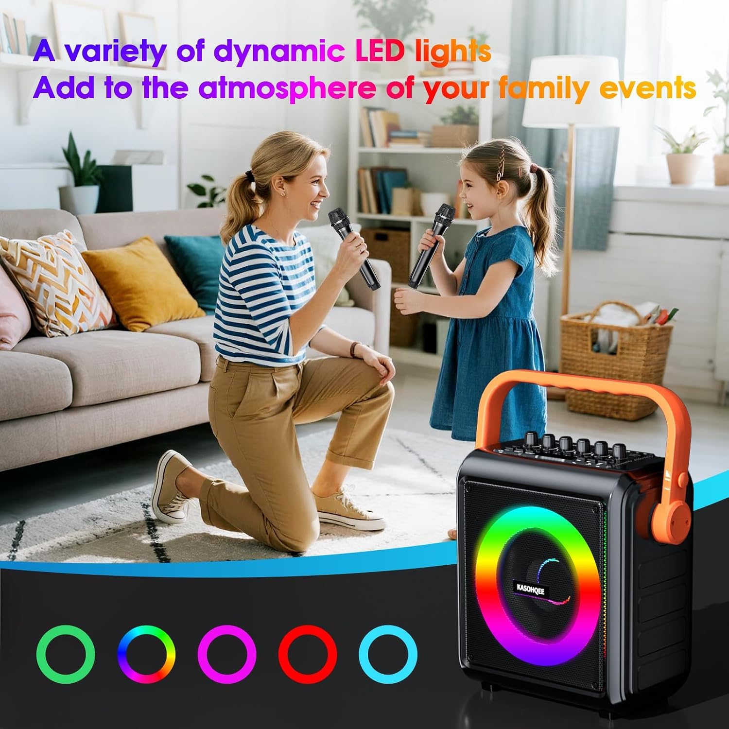 Altoparlante Bluetooth portatile da 8000 mAh con 2 microfoni wireless per adulti e bambini, set di altoparlanti con microfono, con luci, supporto per scheda TF, ingresso AUX, FM, REC, per feste