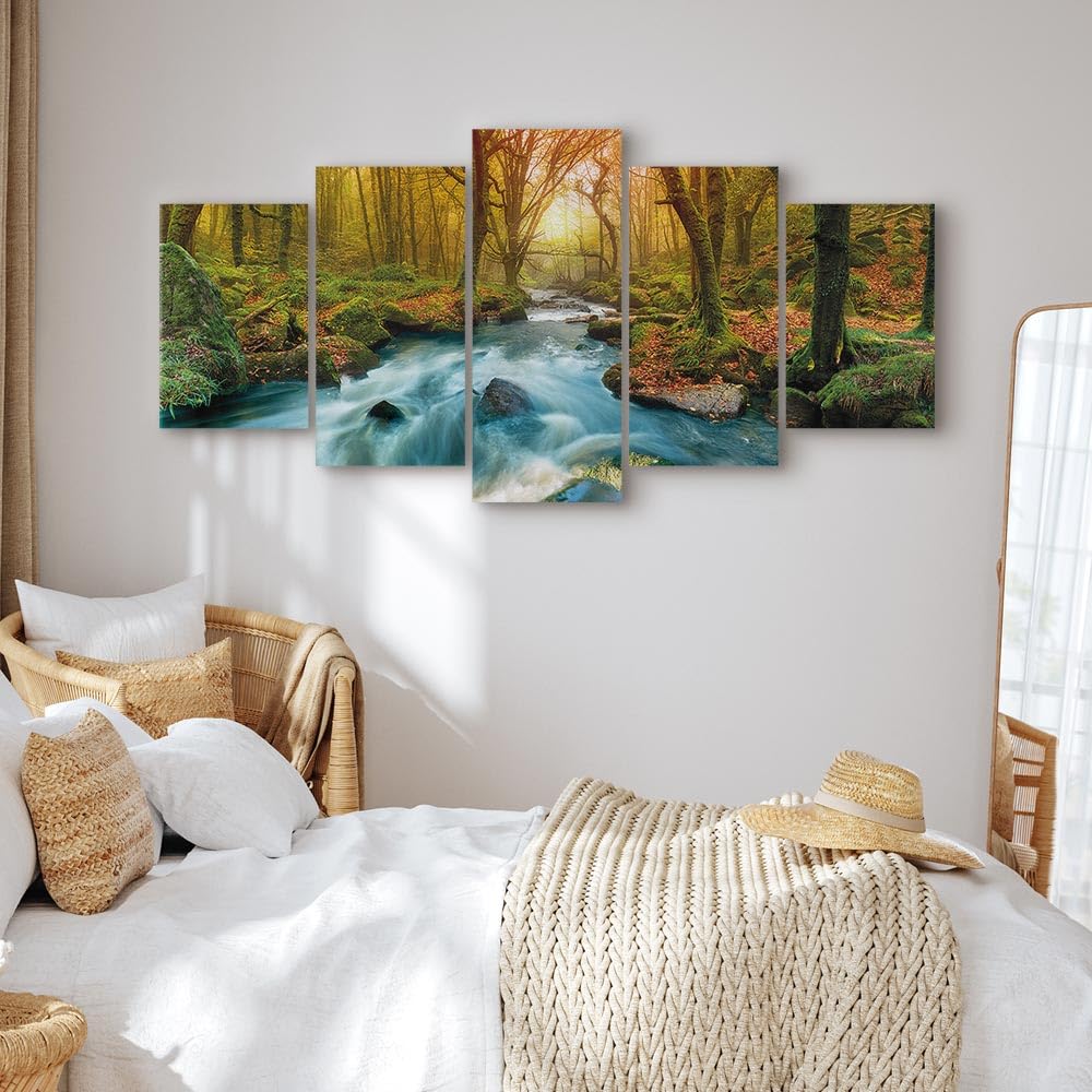 Cuadros B&D XXL - Quadro Paesaggio Natura Acquafall 200x100 cm 5 Pezzi - Stampa su Tela Canvas - Quadri Componibili Moderni Soggiorno Grandi - Murale Arte Decorazioni da Parete Decori -