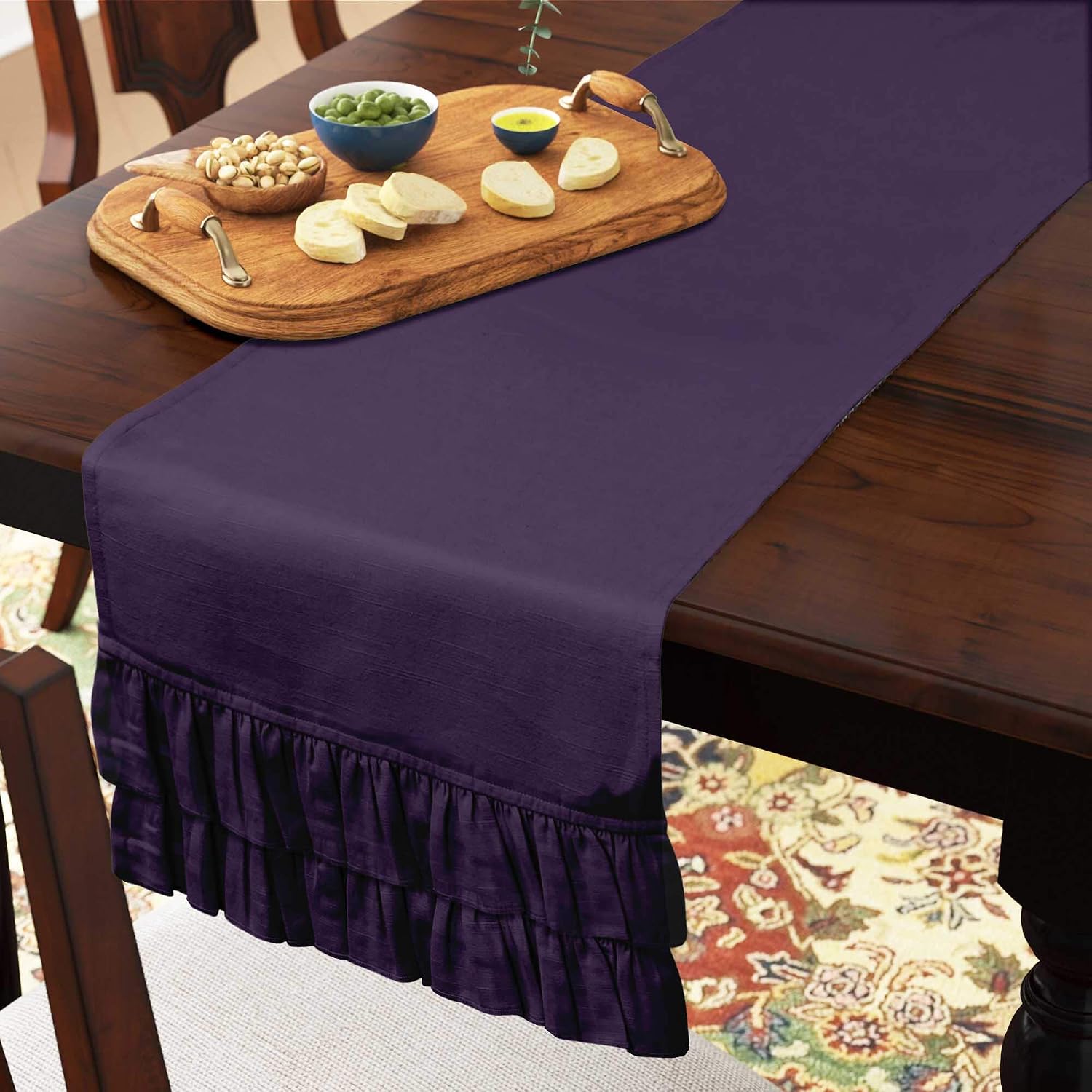 Purple Home Decor Cotton Slub Fabric Solid Double Frill Table Runner Table Decor-14 x 108 Inch