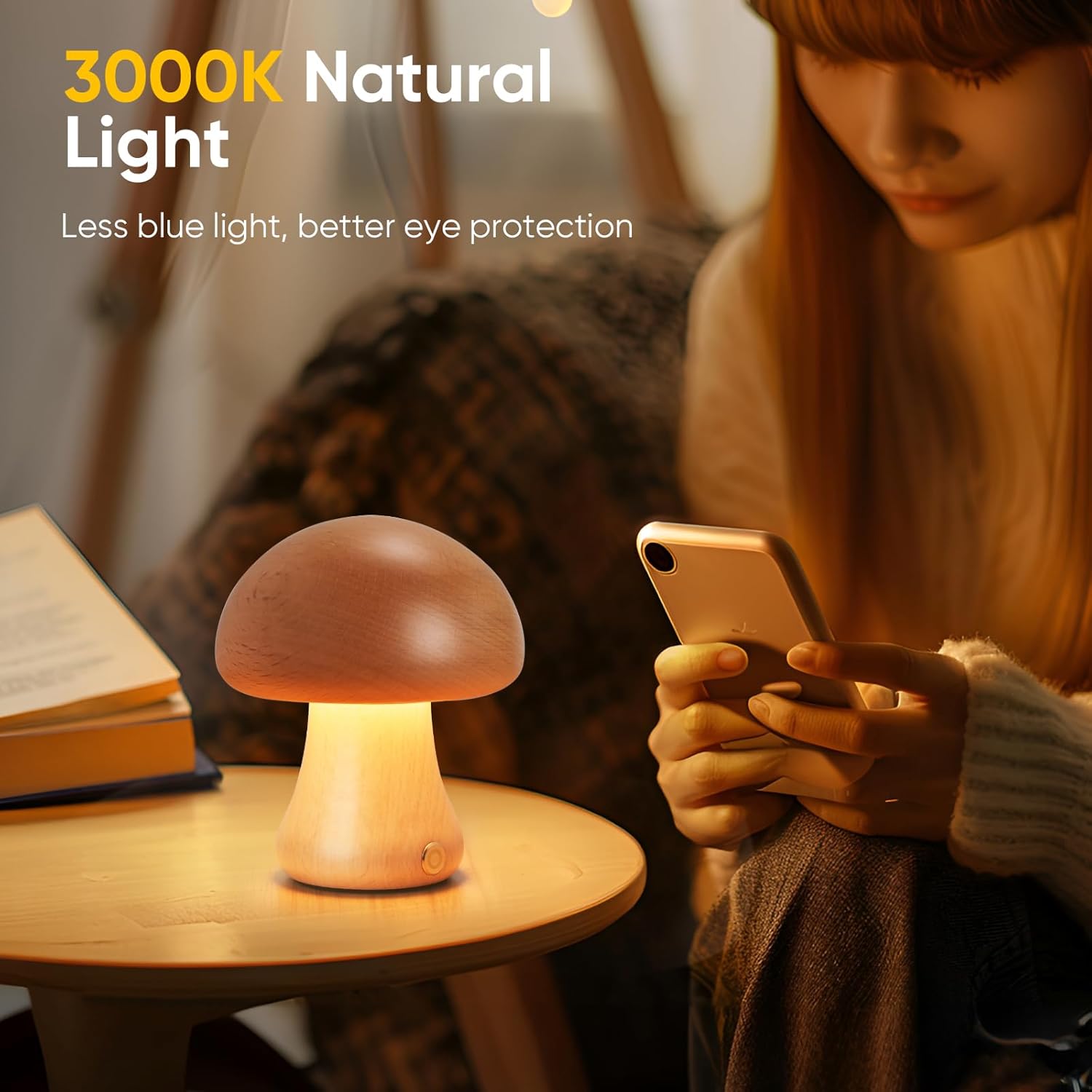 Creative Wood Mushroom Table Lamp, Portable Cordless Small Lamp, Rechargeable Battery Operated Lamp,Stepless Dimming, Night Light for Birthday Gifts, Creative Home Decor Unique House Gift thumbnail
