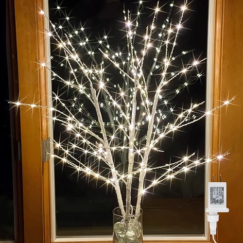 Bexdir Lighted Birch White Tree Branches 33IN 180LED with Timer Plug in | Artificial Tree White Birch Twig Twinkling Lights for Bedroom Vases, Tabletop, Party Wedding Home Christmas Decor, Warm White