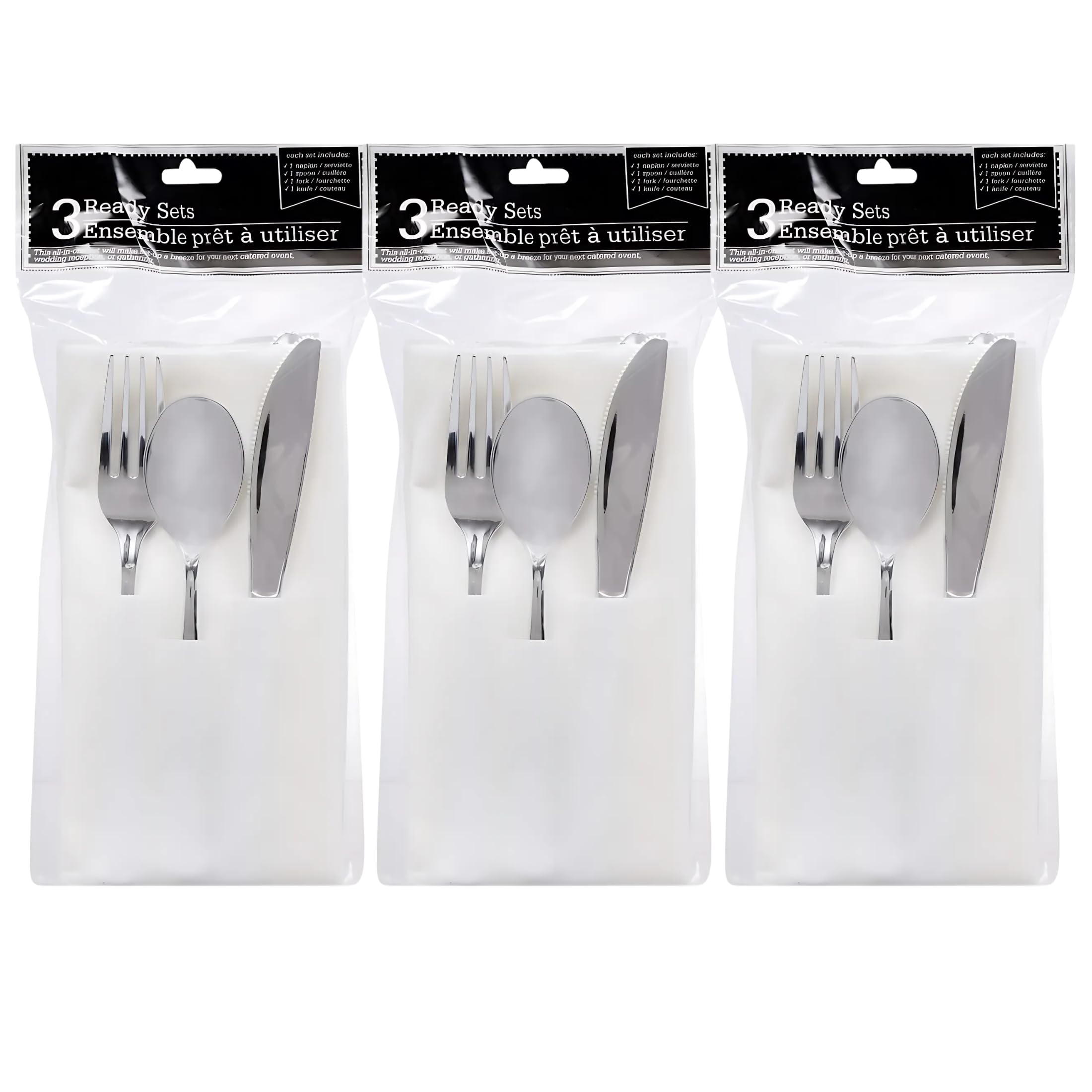 (3) Silver Ready Sets Disposable Flatware Dinnerware Sets Disposable 3 Piece Place Settings Cutlery Fork Spoon Knife Heavy Duty Plastic Silverware Christmas Party Birthday Wedding