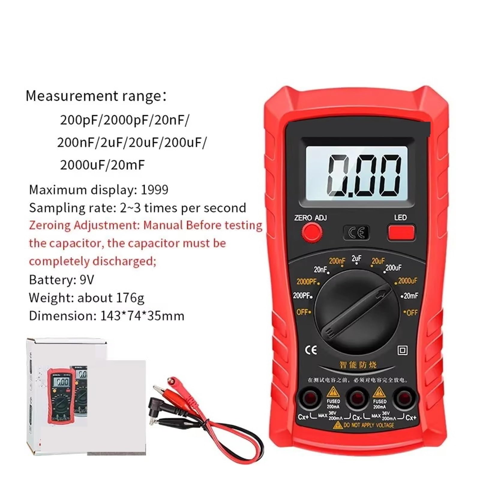 Tester Kabli Sieciowych, Cyfrowy Tester Pojemności SK-6013 20000μF | Analizator Kondensatorów, Liczniki Z 1999 R., Multimetr Elektryczny(SK-6013 red)