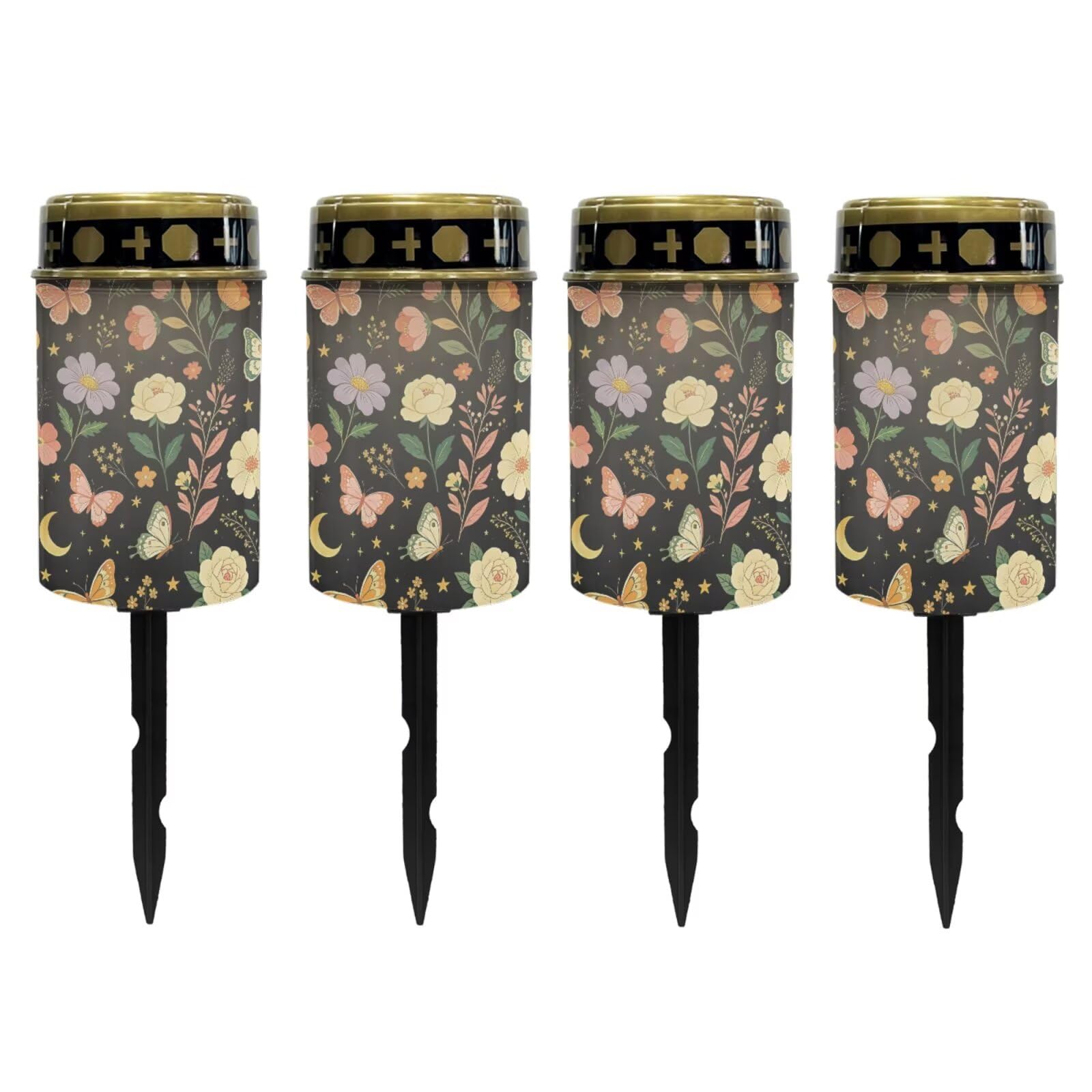 Poceacles Solar Pathway Lights Outdoor Grave Solar Lights Outside Waterproof Cemetery Flameless Candles Outdoor Grave Candle Markers Eternal Decor, Butterfly Floral Print Black, Pack of 4