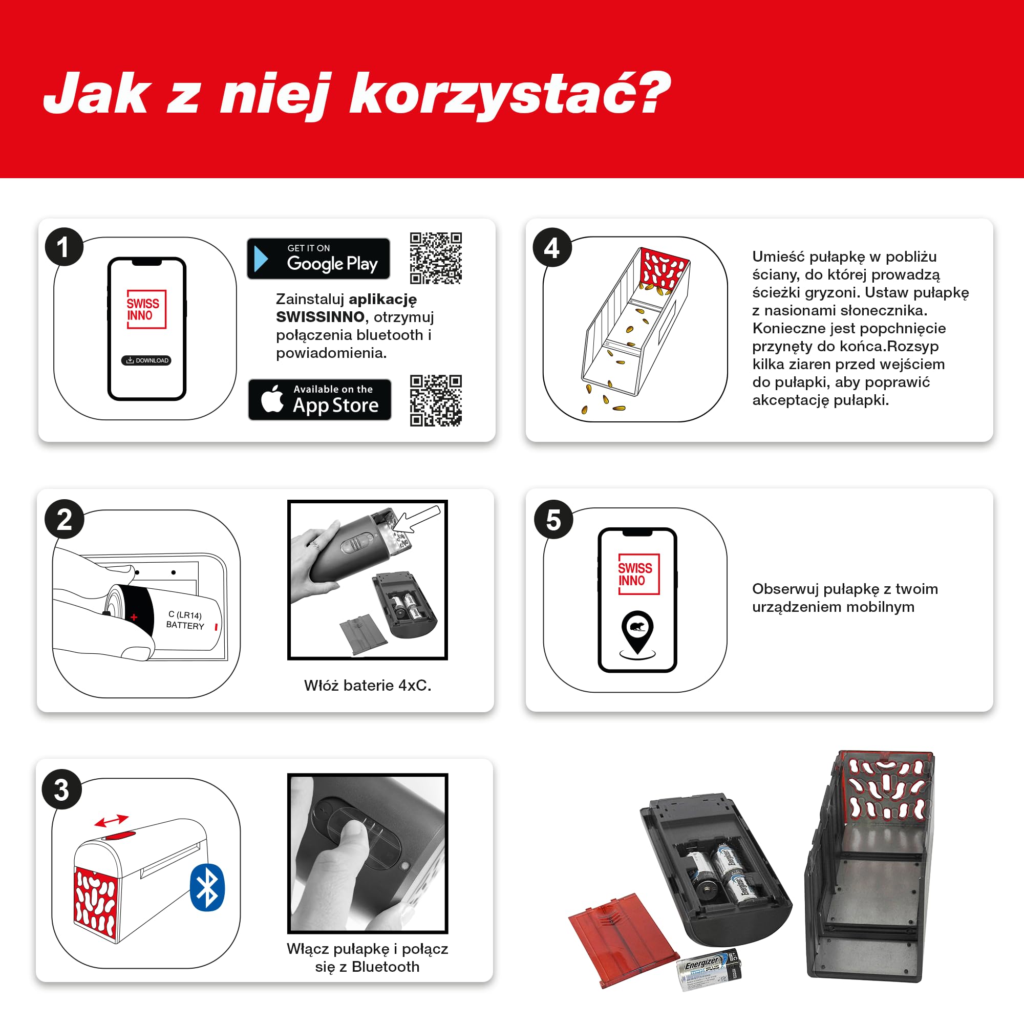 SWISSINNO Elektroniczna Pułapka na Myszy i Sczury SuperCat. Bezpieczna i odpowiednia dla danego gatunku pułapka elektrowstrząsowa. Stan połowu za pośrednictwem Bluetooth aplikacji. Produkcja UE. x1