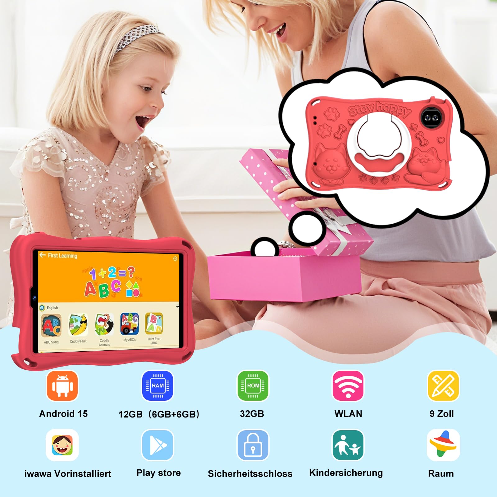 2026 Tablet Android 15 Octa Core Tablets 9 Zoll mit 32GB ROM+TF 2TB 5G WiFi Widevine L1, GPS, Face ID 8 MP + 5 MP 5000mAh,1340 * 800,BT 5.0, Kids Tablet mit Eva Case - Rot