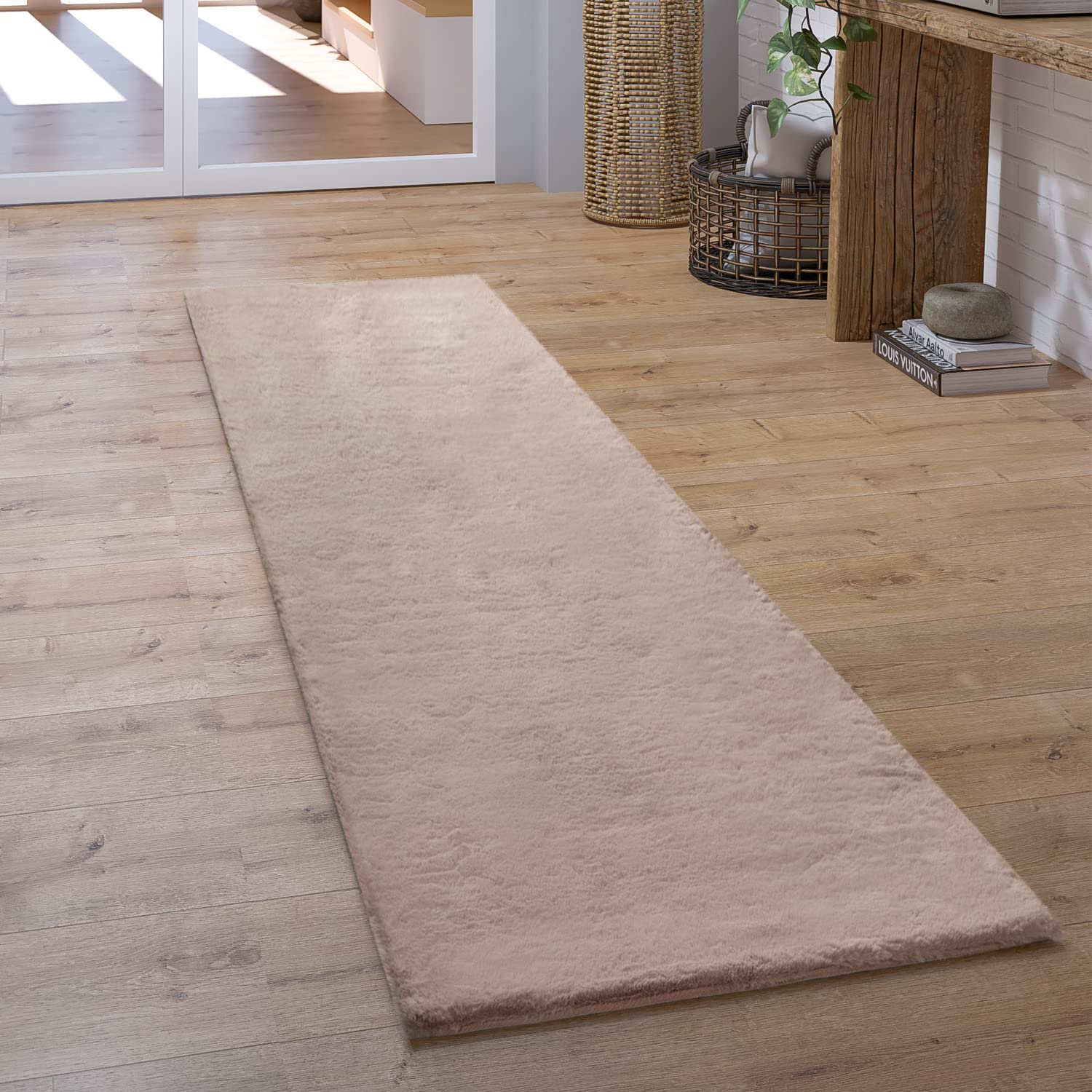 Paco Home Hochflor Teppich Wohnzimmer Schlafzimmer Shaggy Modern Flauschiger Fellteppich Weich Fell Imitat Kunstfell Einfarbig, Grösse:80x300 cm, Farbe:Beige