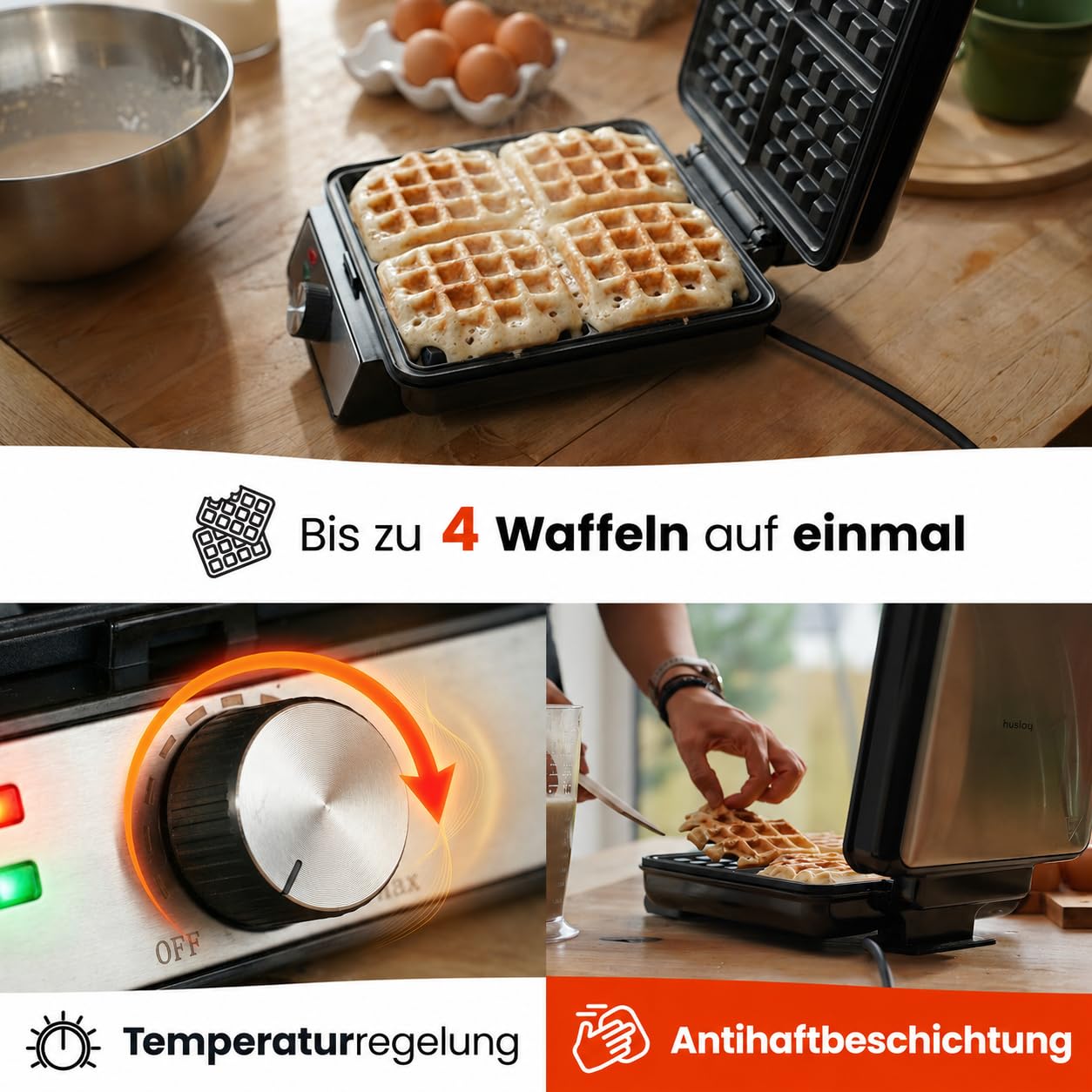 Waffeleisen 1500W XXL Für 4 Grosse Waffeln Temperaturregelung Silber