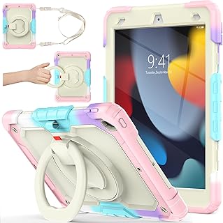 SEYMAC stock Case for iPad 9th/8th/7th Generation 2021/2020/2019 10.2”, [Full-Body] Protective Case with 360 Degree Handle Ring Folding Stand for iPad 9th/8th/7th Gen 10.2 Inch (Yellowish+Pink)