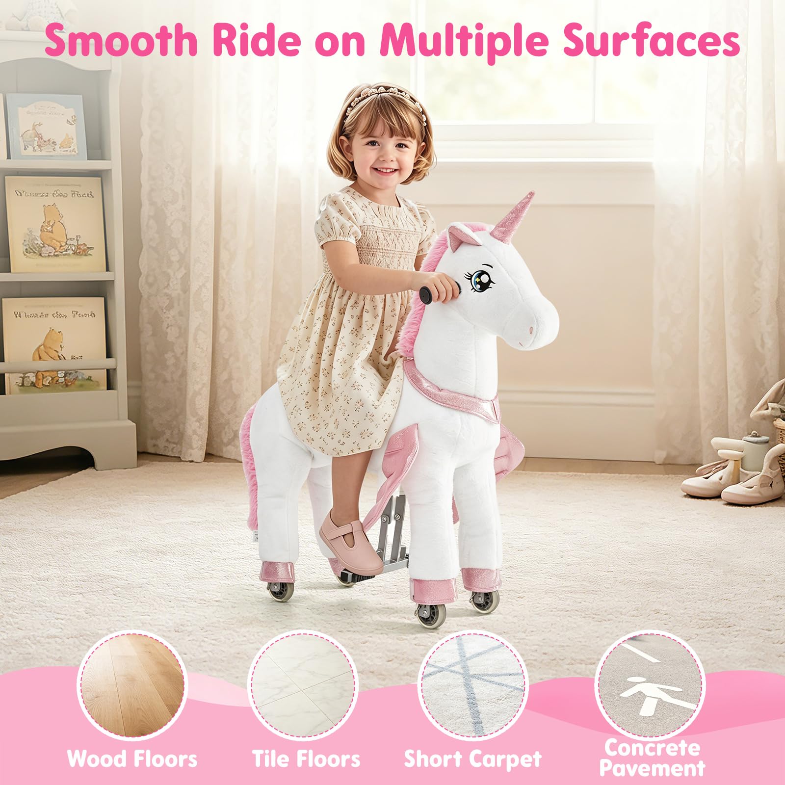 FUNLIO Unicornio Montable para Niños 3–6 Años, Juguete Montable de Peluche con Ruedas para Juego Interior y Exterior, Fácil de Montar, Certificado CPC & CE – Pequeño