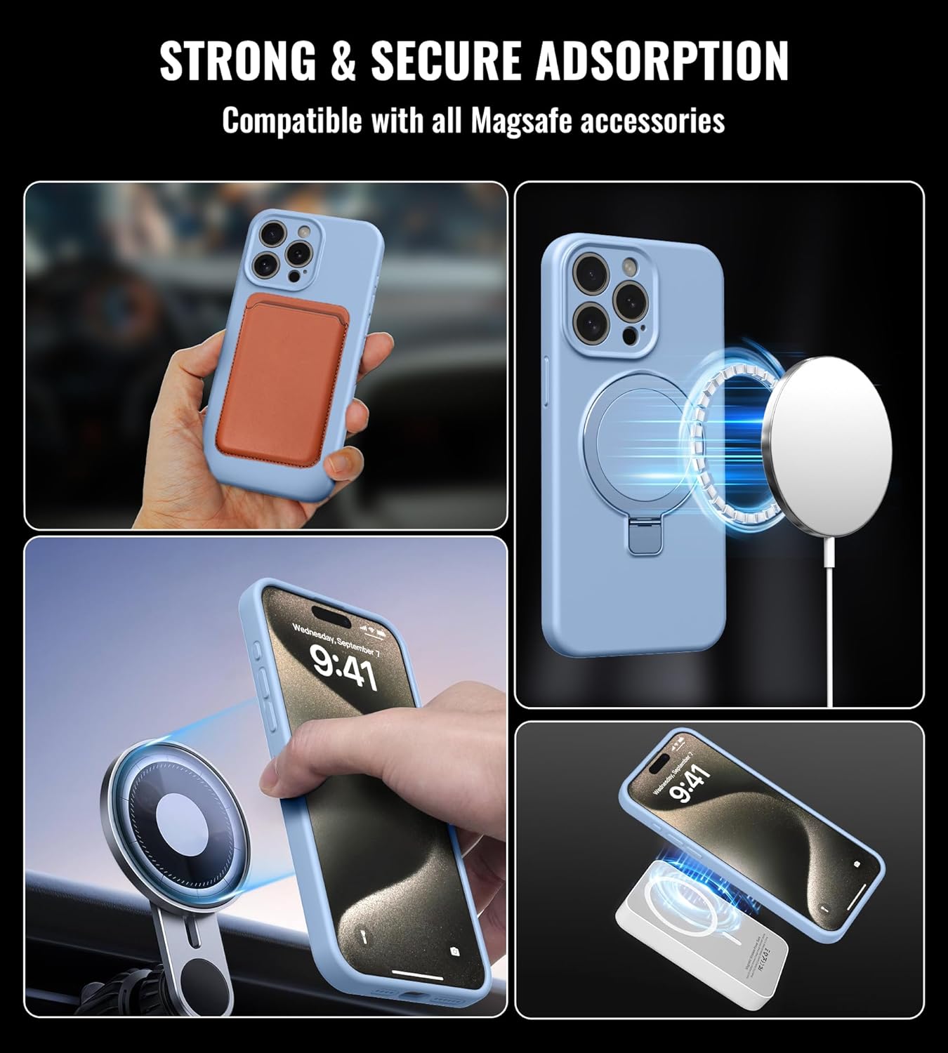Compatible with iPhone 15 Pro Max Case Stand, Slim Full Camera Protection Liquid Silicone Phone Case Suitable for iPhone 15 Pro Max Compatible with MagSafe Ring Magnet Kickstand, Light Blue - Image 3