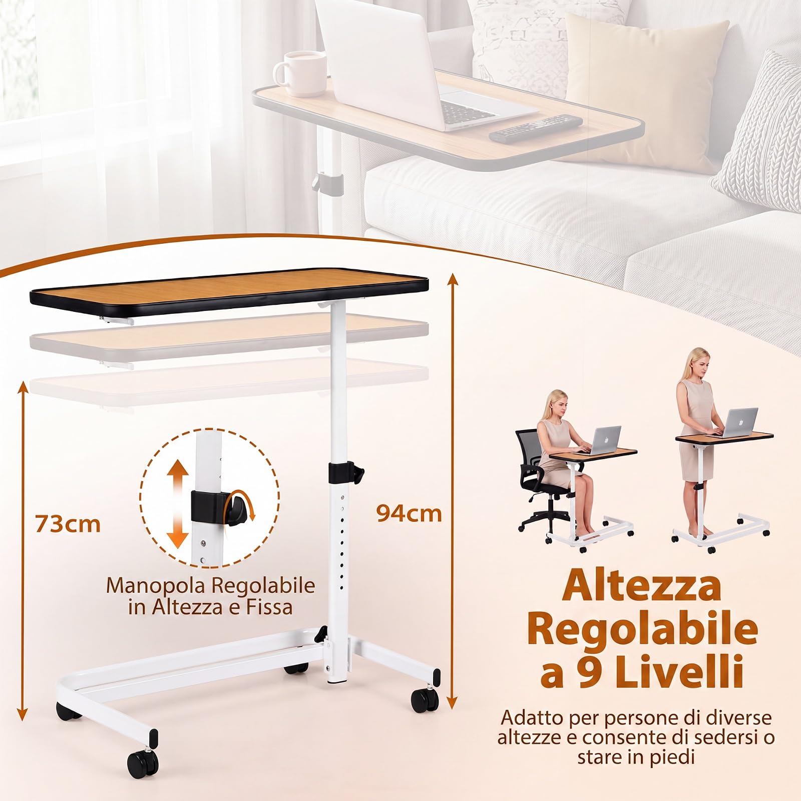 COSTWAY Tavolino Serviletto, Tavolino da Letto e Divano con Ruote (Naturale)