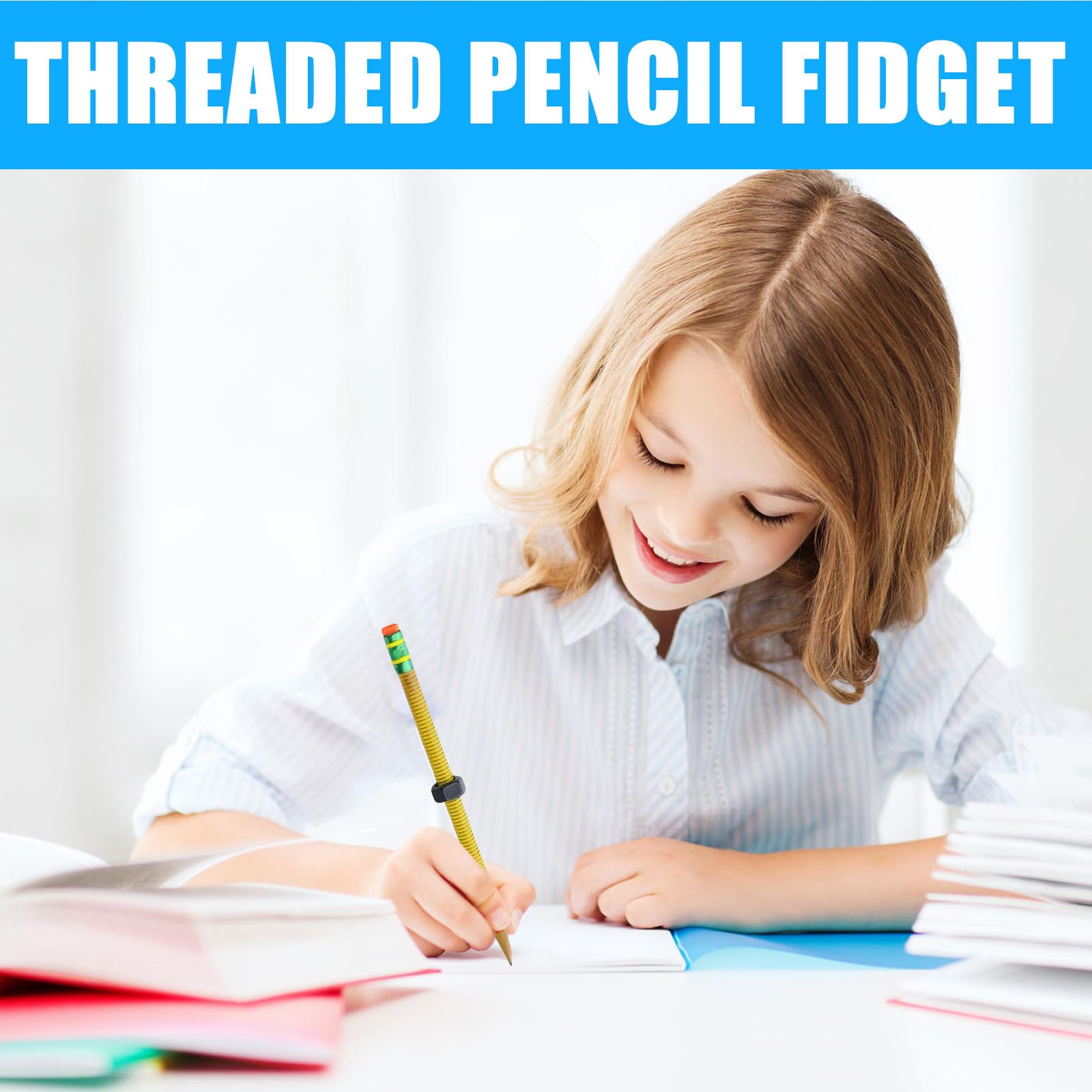Lernbegleiter Bleistift mit Gewinde und rotierender Metallmutter für Kinder und Erwachsene, kein störendes Herumzappeln Unterricht, fokussierendes Schreibwerkzeug zum Stressabbau für Kinder