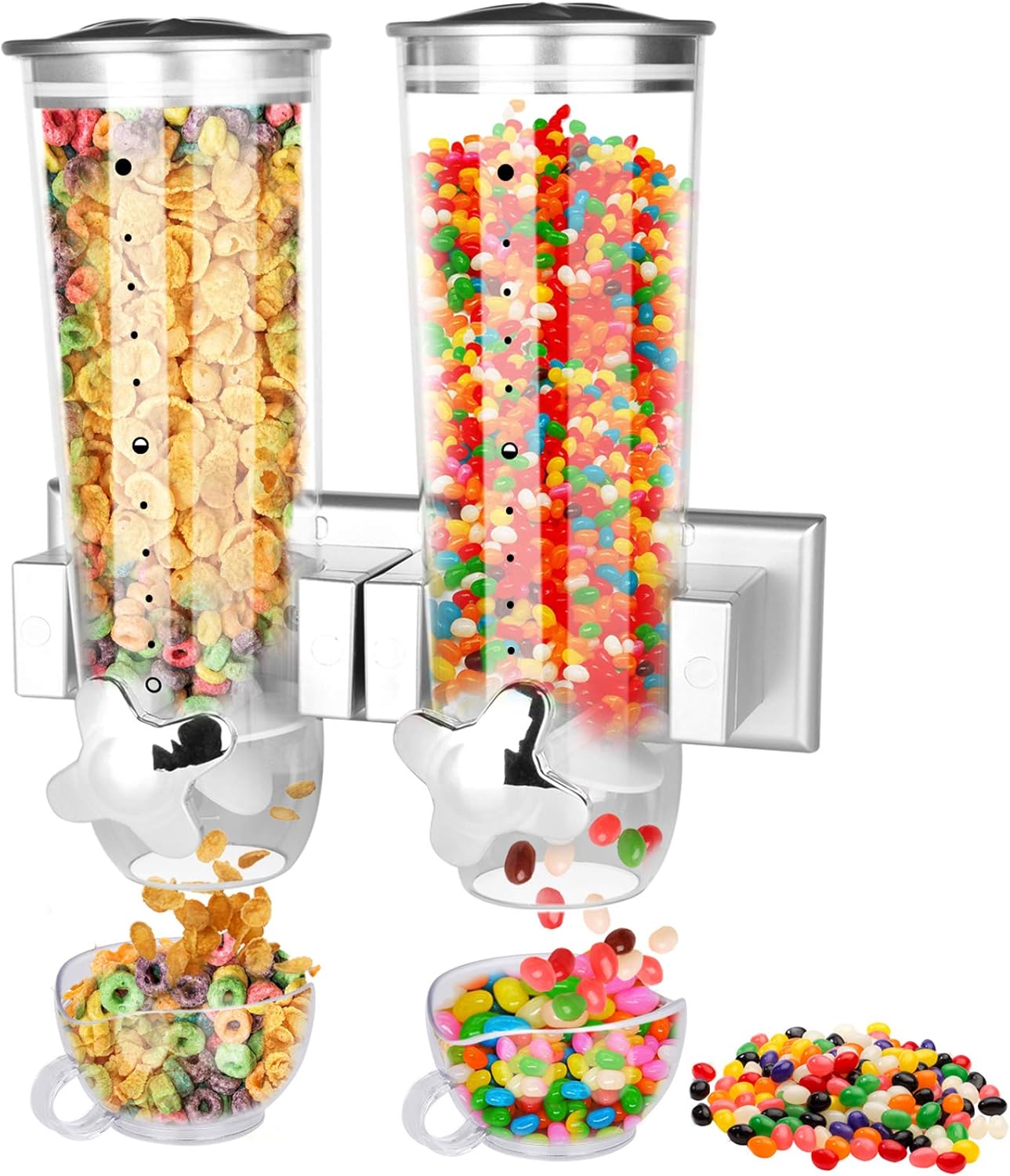 2PK Food Dispenser Wall Mount Double Dry Cereal Dispensers with 2 Cork& 2 Cup Convenient Storage Dual Control for Nuts Coffee Beans Trail Mix Candy Granola Rice Pasta Container 7.5Oz Each Cereals Bank