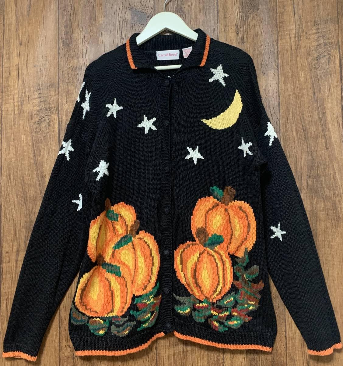 ニットカーディガン　ハロウィン　ゴースト　かぼちゃ　フクロウ　ねこ　ニット　黒 アメリカ古着 ハロウィンにぴったり かぼちゃボタン