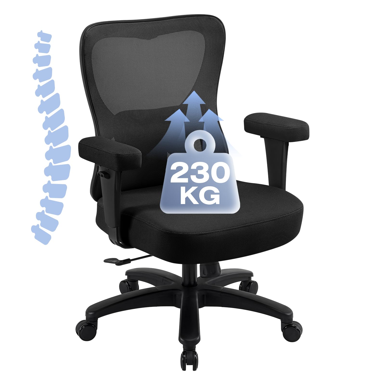 Hellove Bürostuhl Ergonomisch 230KG, Schreibtischstuhl mit Verstellbarer Armlehnen und Lendenwirbelstütze, Drehstuhl mit 50cm Große Sitzfläche Computerstuhl Mesh-Stuhl für Homeoffice Wippfunktion