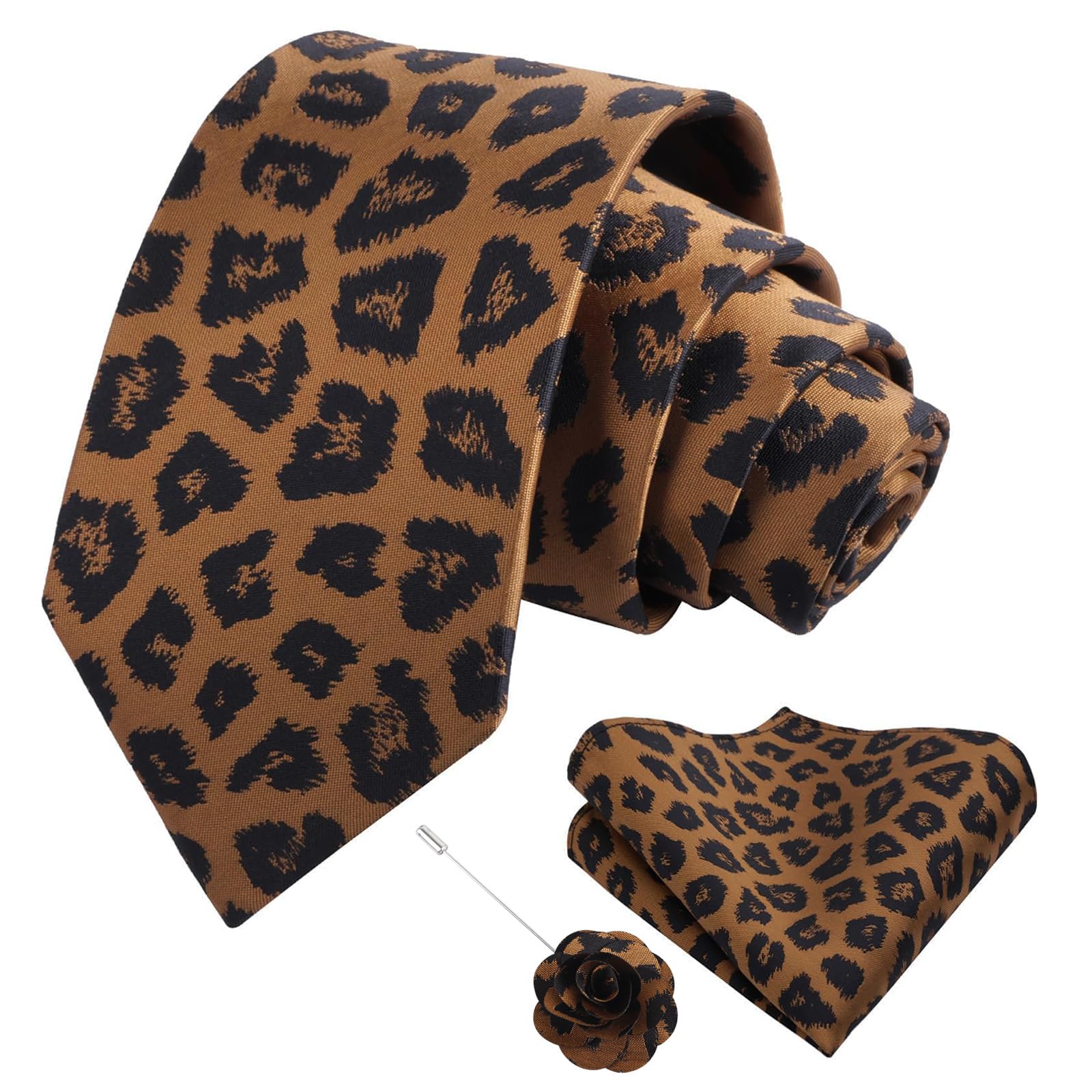 Alizeal Mens Leopard Necktie with Pocket Square Set, 3.15''/2.36''