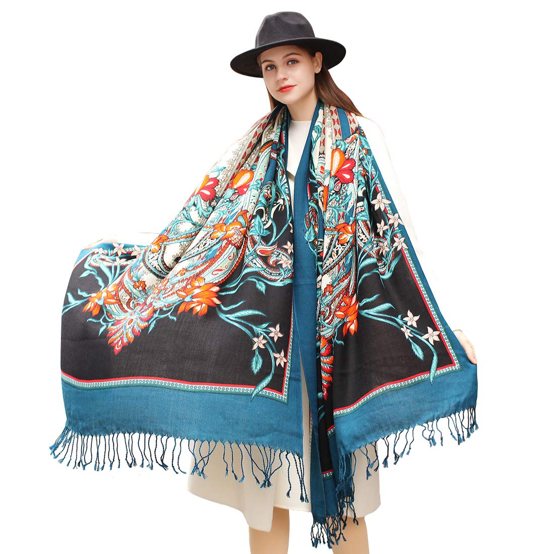 DANA XU 100% Merino Wool Pashmina Shawl for Women 96"x43", Oversized Cashmere Wrap with Tassels, Floral Travel Blanket Cape, Black Teal Paisley Bloom, 96 * 43 INCHES