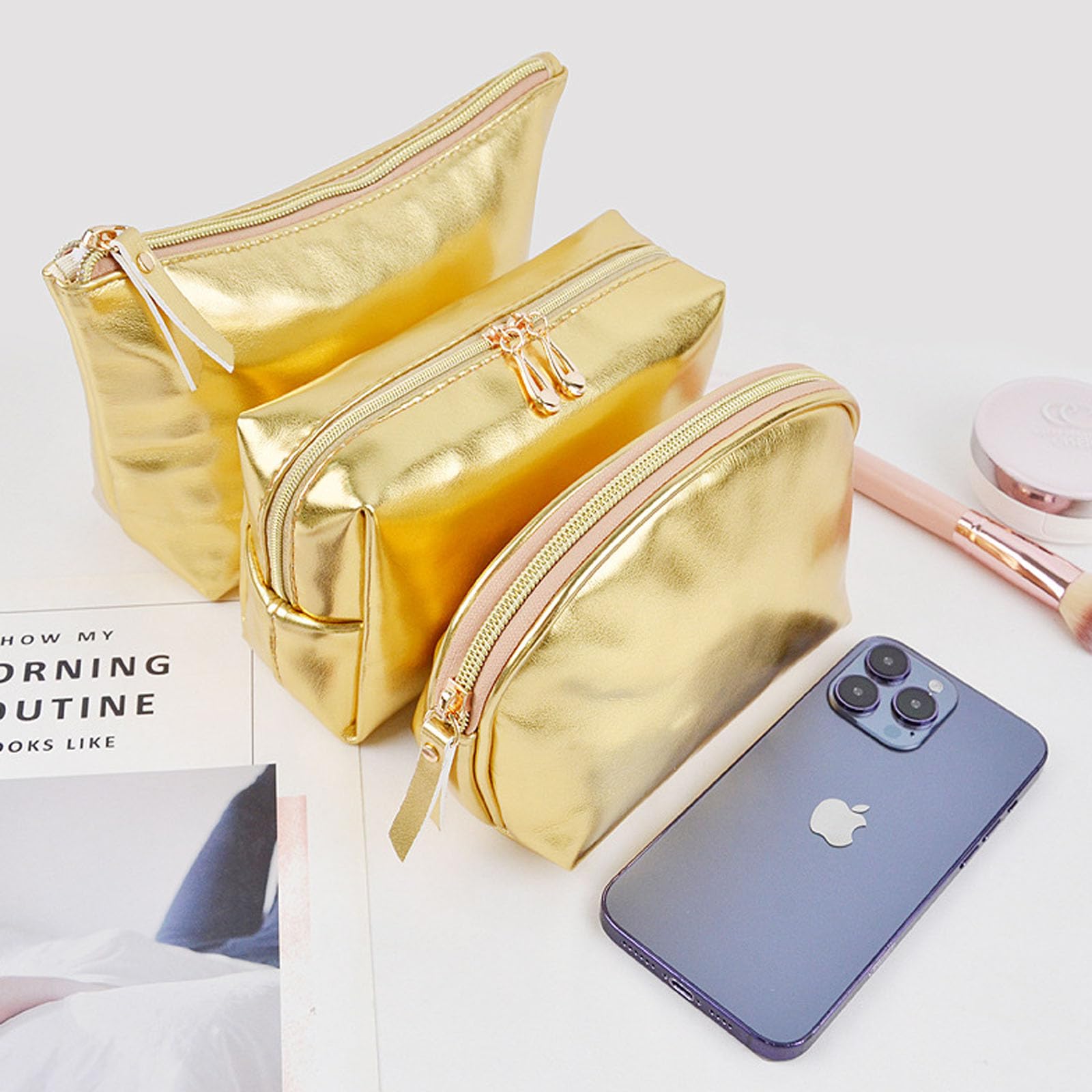 Artkingdome 3Pieces Fashion Organizer Make UP Borse Cosmetici Borsa Portatile Viaggio Toiletry Bag Multifunzionale Storage, Oro