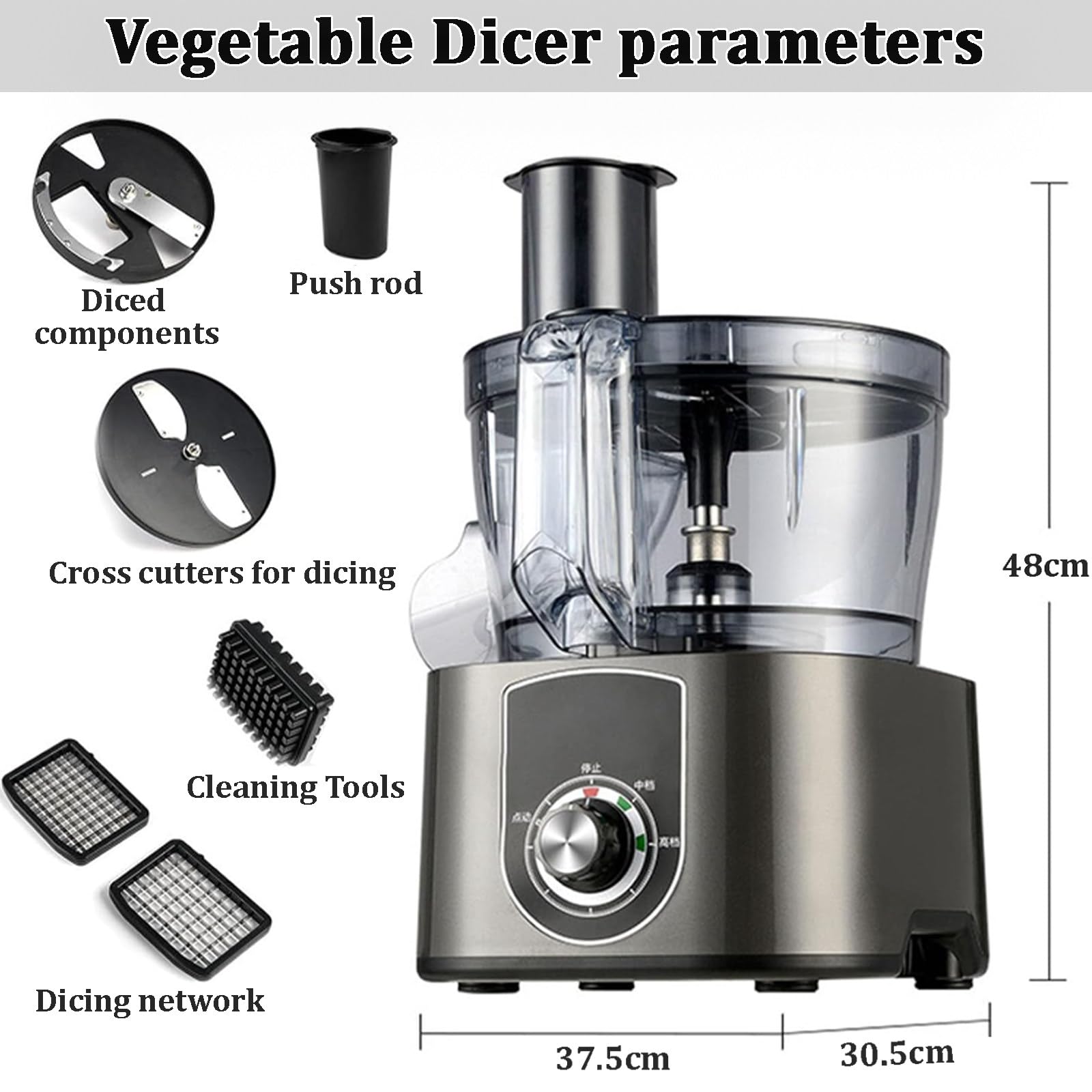 Picadora de verduras para uso doméstico comercial, con cuchillas de acero inoxidable, cortador automático de alimentos, máquina de corte de frutas, redes de cuchillos y cuchillas de rebanar, gris