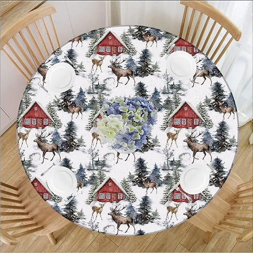 Mantel redondo pequeño con diseño de borde elástico de Navidad, con casa roja y ciervos en el bosque de invierno, se adapta a mesa redonda de 23