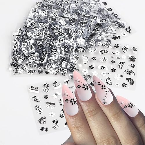 Miniatura 3 de 30 calcomanías de arte de uñas de flores negras 3D, autoadhesivas, flores blancas, cinco pétalos, flores, corazones, corbatas, diseño elegante de