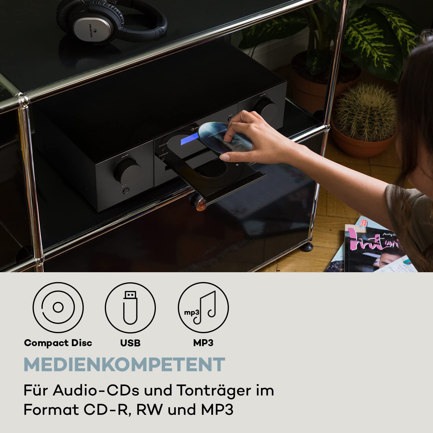 Auna CD-1000 DG, CD-Player HiFi, USB, MP3, Fernbedienung, mit LED-Display, CD Receiver Aluminium, schwarz