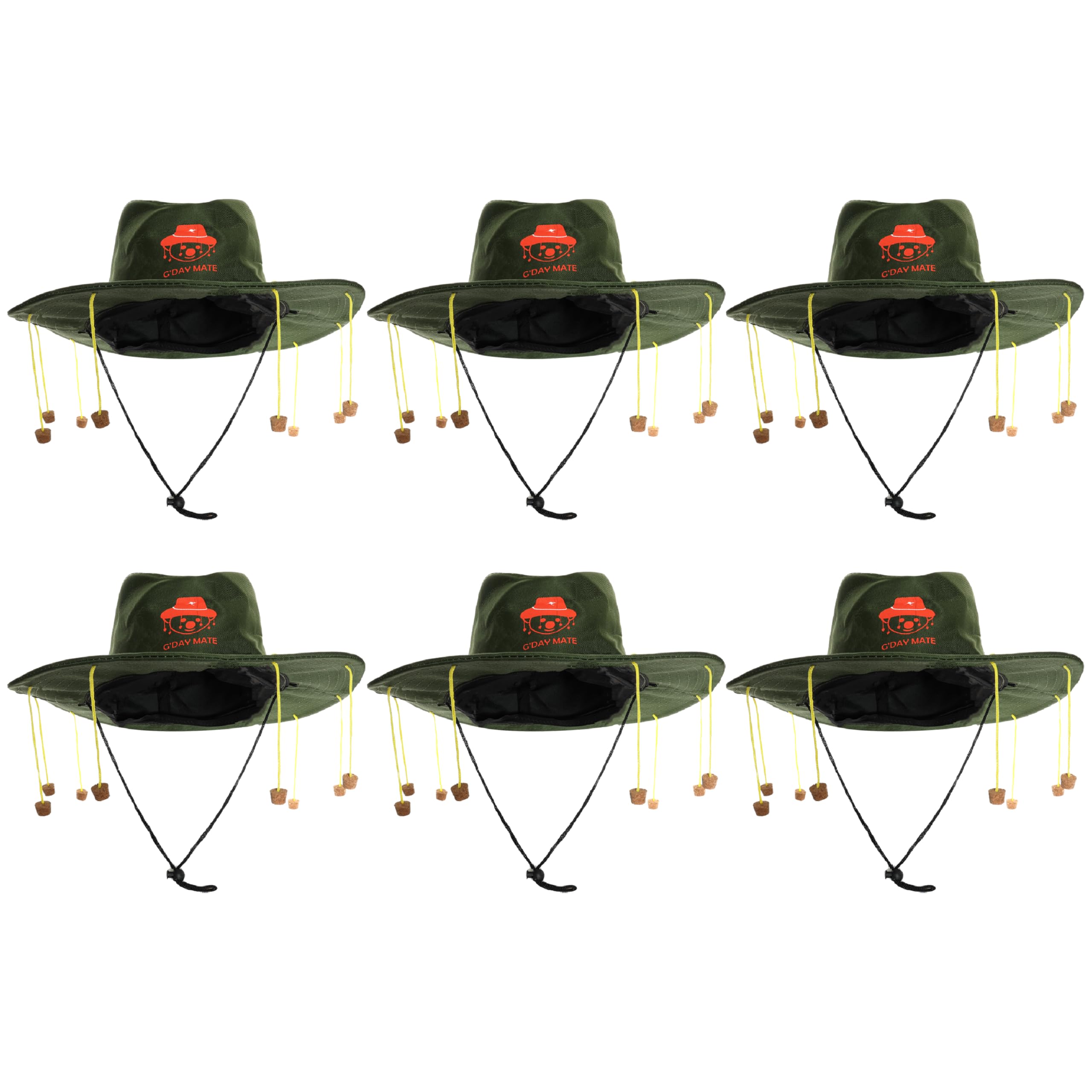 Australian Koala Cork Hat - Pack Of 6 - Green Aussie Fancy Dress Hat with Red Koala G'Day Mate Print & Hanging Wooden Corks - Adjustable Costume Accessory for Australia Day, Themed Parties and Events