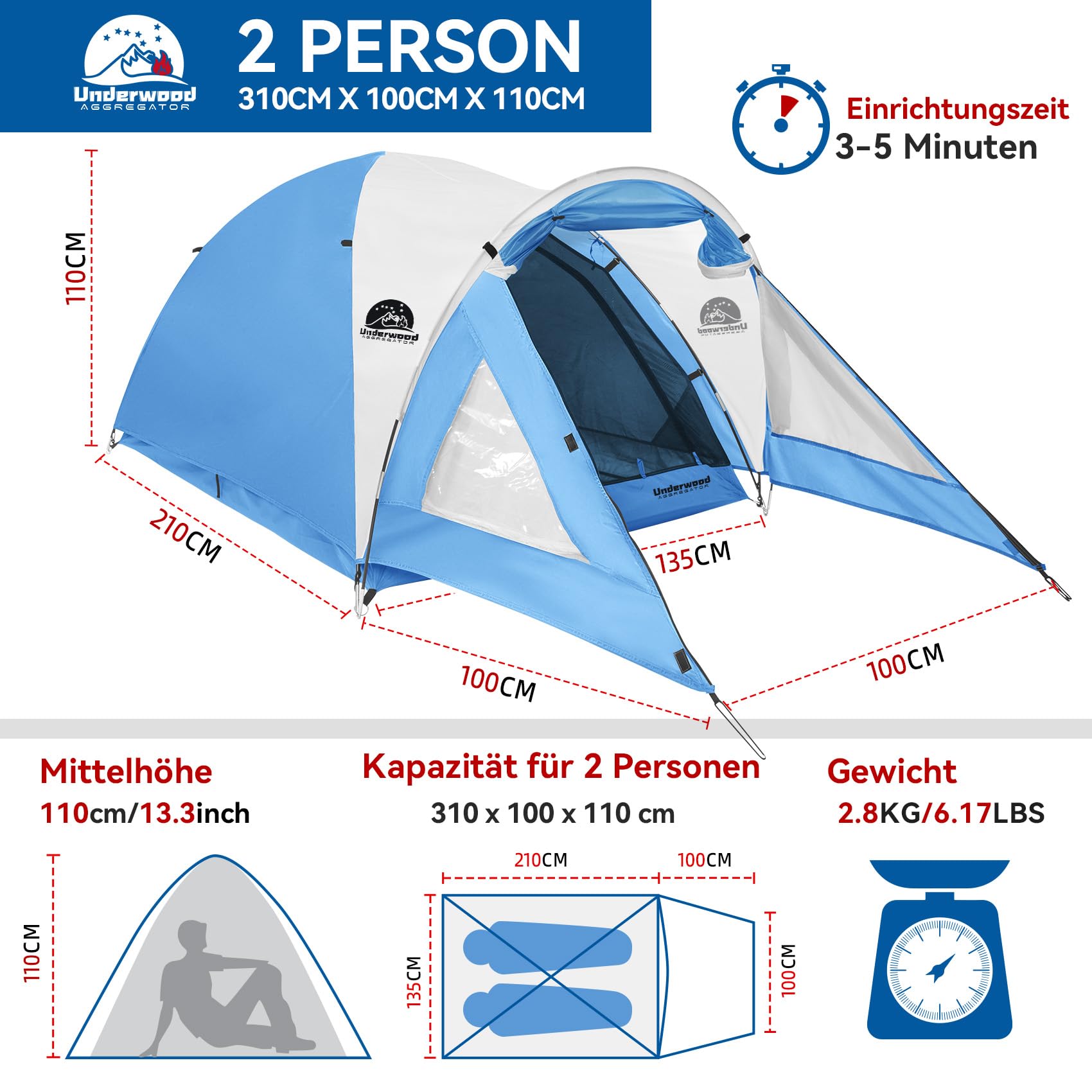 2 -Mann -Zelt mit geräumiger 110 × 100 cm Veranda - 3000 mm wasserdichtes Doppelhaut Dome, leichtes Windschutzgebiet für Camping, Wandern, Rucksackpacken, Festivals