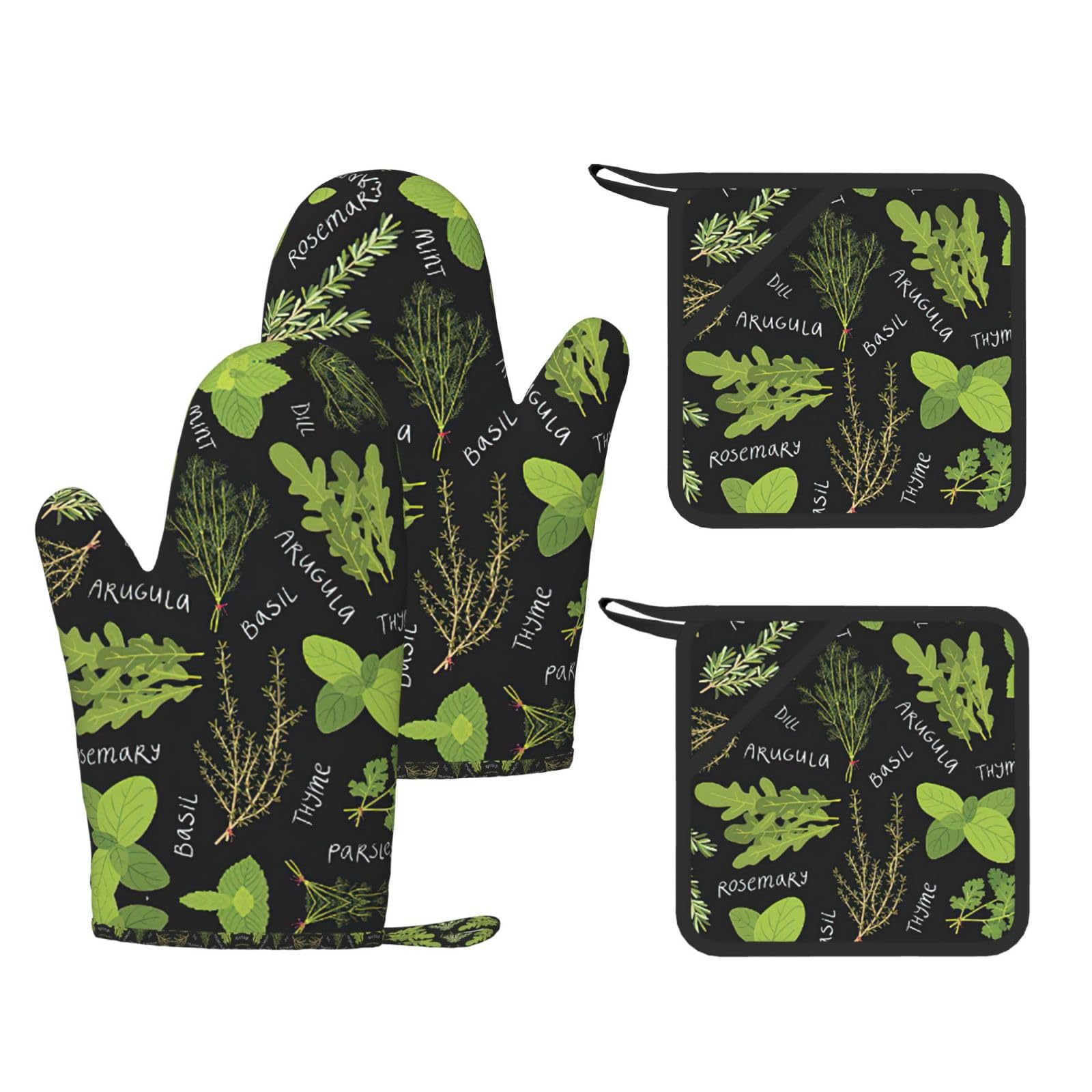 Basil Thyme Dill & Rosemary Printed Pot Holders and Oven Mitts 4-Piece, Non-Slip Kitchen Gloves with Utensil Pocket for BBQ