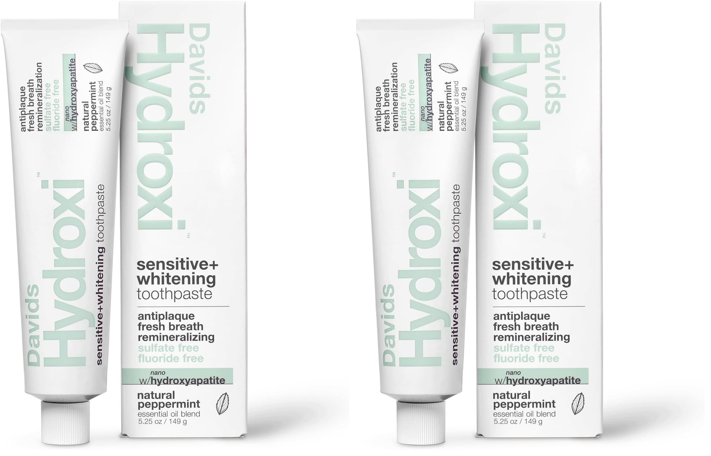 Davids Hydroxi Fluoride Free Nano Hydroxyapatite Toothpaste for Remineralizing, Sensitive Support, Whitening, Antiplaque, SLS Free, Natural Peppermint, 5.25oz, Made in USA (Pack of 2)