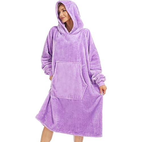 Kipswiza Oversized Wearable Blanket Flannel Thick Soft Warm Long Hoodie Blanket Big Hooded Sweatshirt Hoodie Blanket for Adults Women Girls Teenagers Teens Men Lightpurple