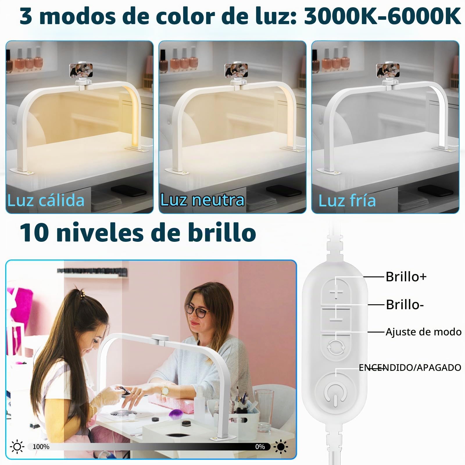CGBE LED Lámpara Media Luna Manicura Plegable para Técnico de Uñas - Negro | Lámpara de Mesa para Uñas - 3 Modos 10 Brillos - Regulable Luz con Soporte para Teléfono para Manicura Tatuaje Manualidad