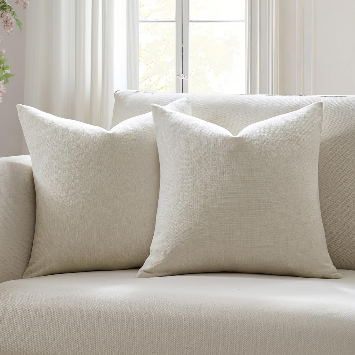 Meekio Set of 2 Ivory Pillow Covers 18 x 18 Inch Farmhouse Boho Decorative Throw Pillow Covers Linen Cushion Covers for Sofa Couch Décor