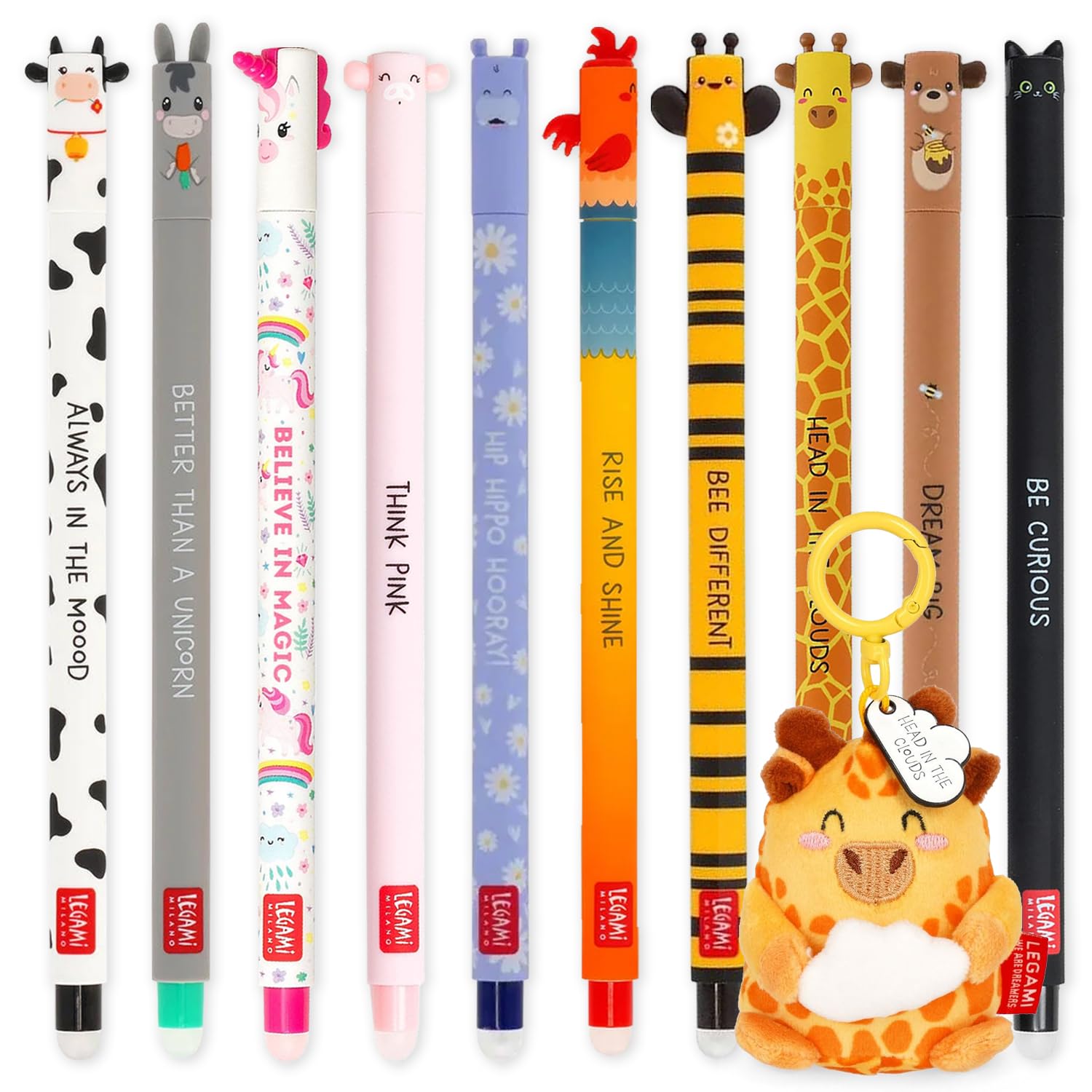 LEGAMI Stylo gel effaçable + porte-clés en peluche | Lot de 10 stylos avec encre effaçable thermosensible, gamme de couleurs d'encre, pointe de 0,7 mm | Motifs d'animaux mignons (girafe)