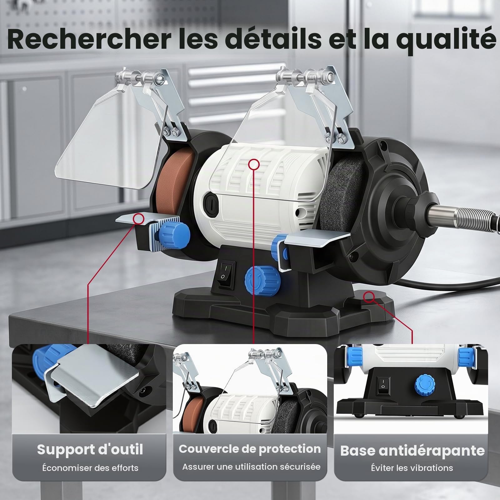 Yofuly Touret à Meuler 120W avec Vitesse Variable, Meuleuse d’Établi 11500 Tr/min, Disque de Meulage et de Polissage 75 mm, Mini Machine à Polir pour Métal, Bois, Bijoux et Aiguisage