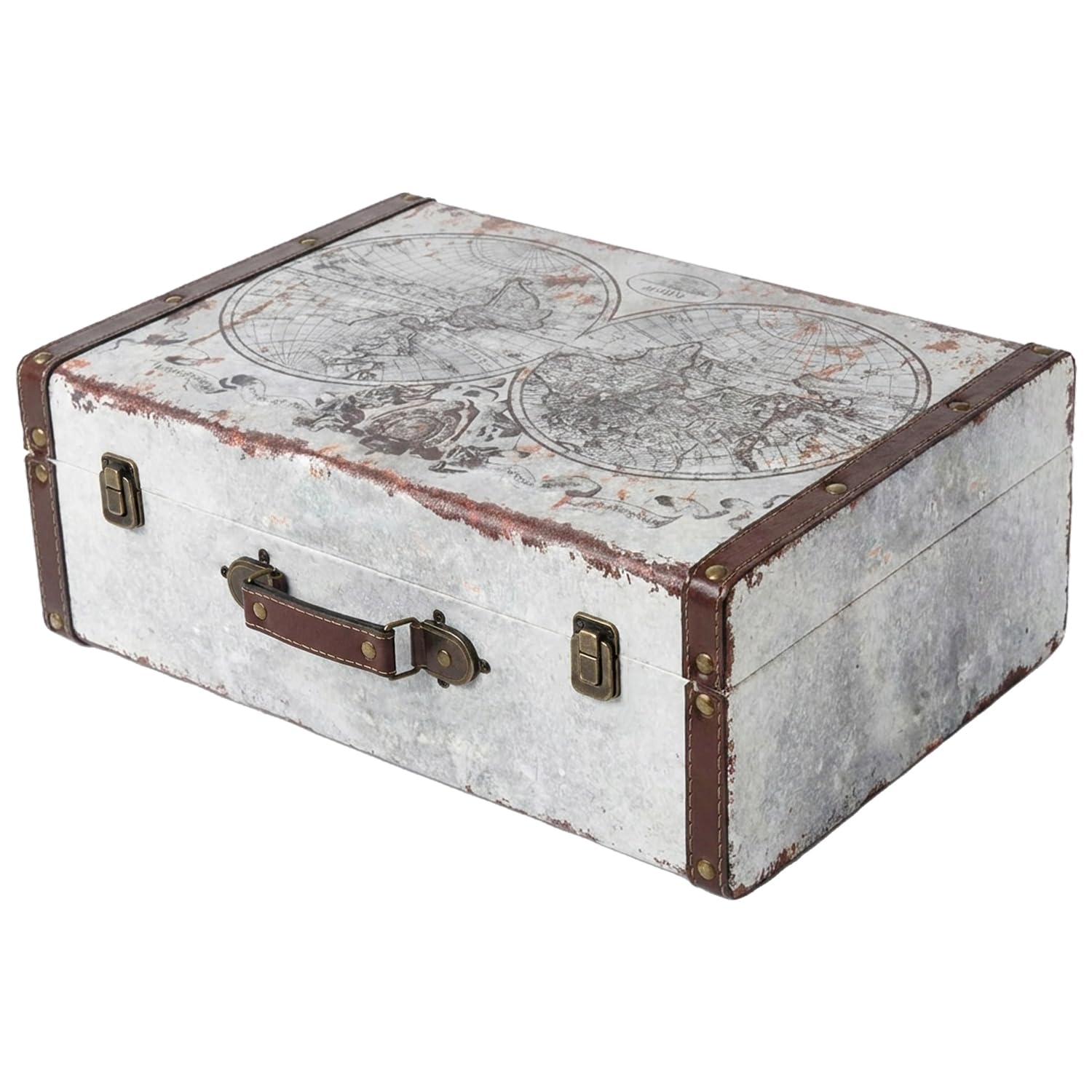 HMF VKO101 Vintage Holzkoffer – Groß, 44 × 32 × 16 cm, Weltkarten-Druck