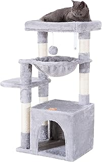 Heybly Cat Tree Cat Tower Condo with Sisal-Covered Scratching Posts，Luxurious Plush Perches and Basket Light Gray HCT003SW