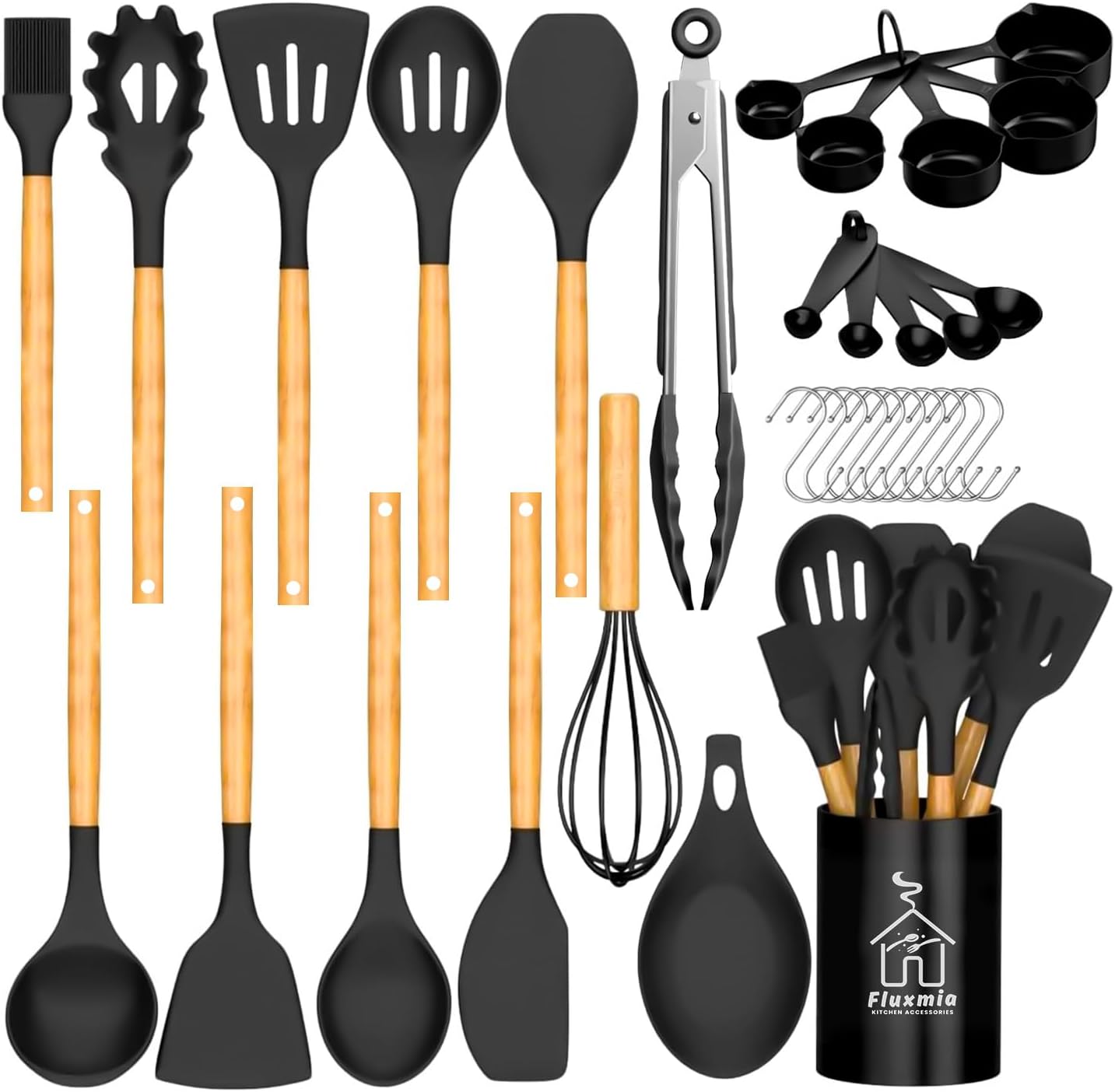 Kitchen Cooking Utensils Set, 33 pcs Non-stick Silicone Utensils Spatula Set with Holder, Wooden Handle Heat Resistant 446°F,Wooden Handle Kitchen Utensils Kitchen Cooking Utensils Set, 33 pcs Non-stick Silicone Utensils Spatula Set with Holder, Wooden Handle Heat Resistant 446°F,Wooden Handle Kitchen Utensils