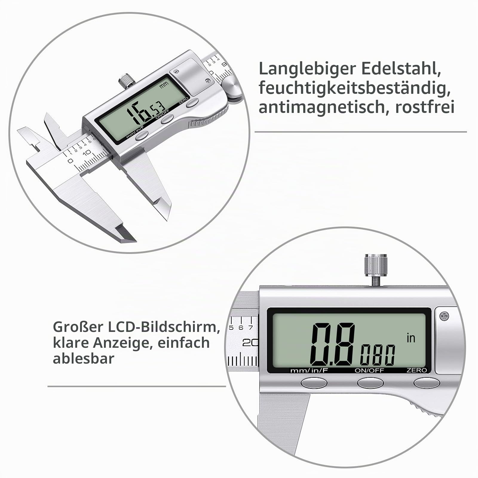 Proster Digitaler Messschieber 8 Zoll/200mm + 32 Fühlerlehre Schieblehre Edelstahl Elektronischer Meßschieber Zoll/Fraktionen/Metrisch Messschieber für Länge Breite Tiefe Innen-/ Außendurchmesser