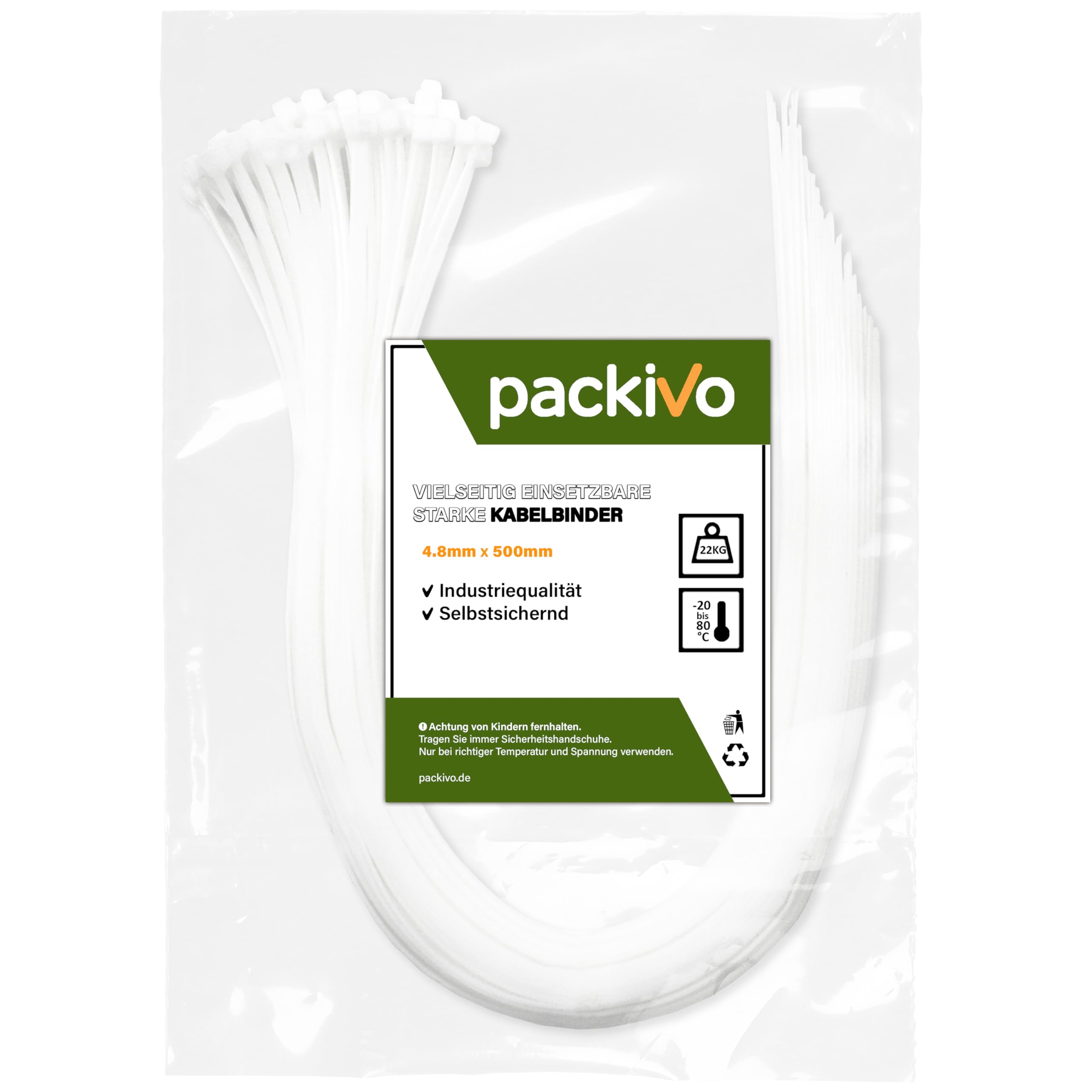 PACKIVO Professional Cable Ties 4.8 x 500 mm, Pack of 100 White Cable Ties, Industrial Quality, Tensile Strength up to 22 kg, Super Durable Cable Management, Industrial, Workshops, Garden, Attachment