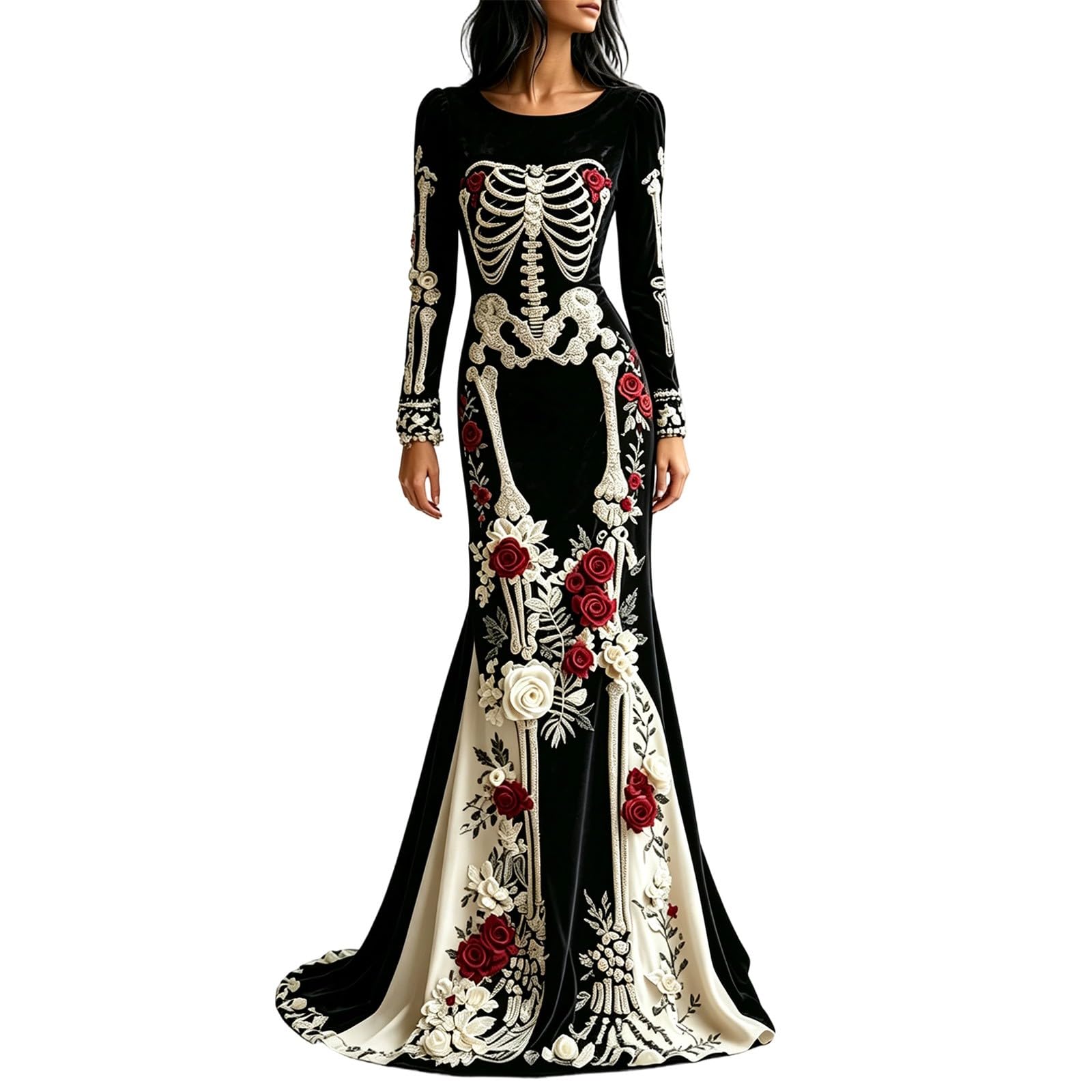 Women's Skeleton Print Mermaid Maxi Dress Long Sleeve Halloween Dresses for Women 3D Digital Print Floral Gothic Fancy Dress Costume — image 1