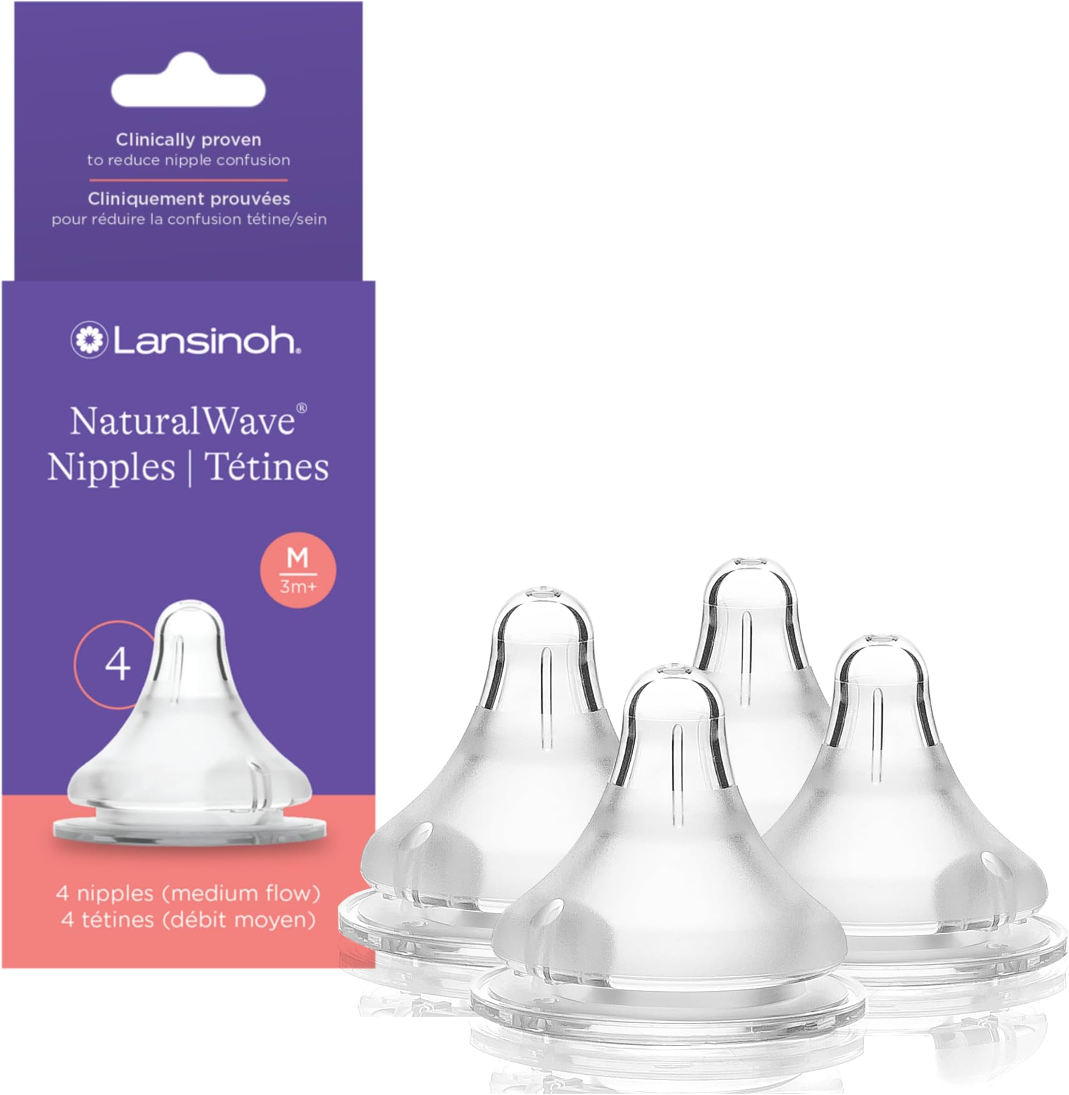 Lansinoh NaturalWave Baby Bottle Nipples, Medium Flow, Size M, 3+ Months, 4 Count – 100% Soft, Durable Silicone, Made Without BPA BPS, Anti-Colic, Supports Baby’s Developing Mouth and Teeth