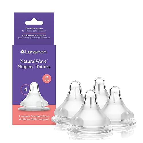 Lansinoh NaturalWave - Tetinas para biberón, flujo medio, tamaño M, más de 3 meses, 4 unidades - 100% silicona suave y duradera, hechos sin BPA BPS,